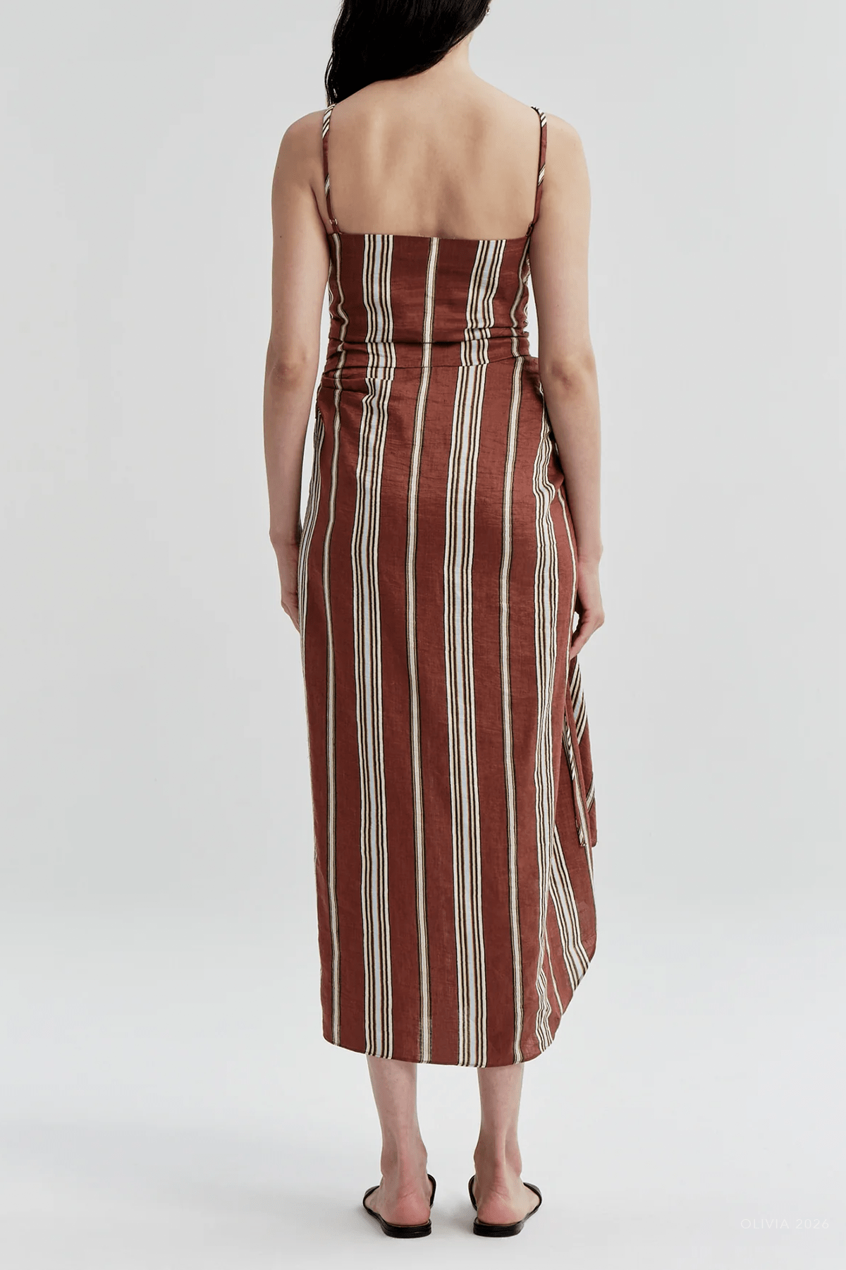Naomi Striped Linen Midi Dress in Brunette Multi - shop-olivia.com