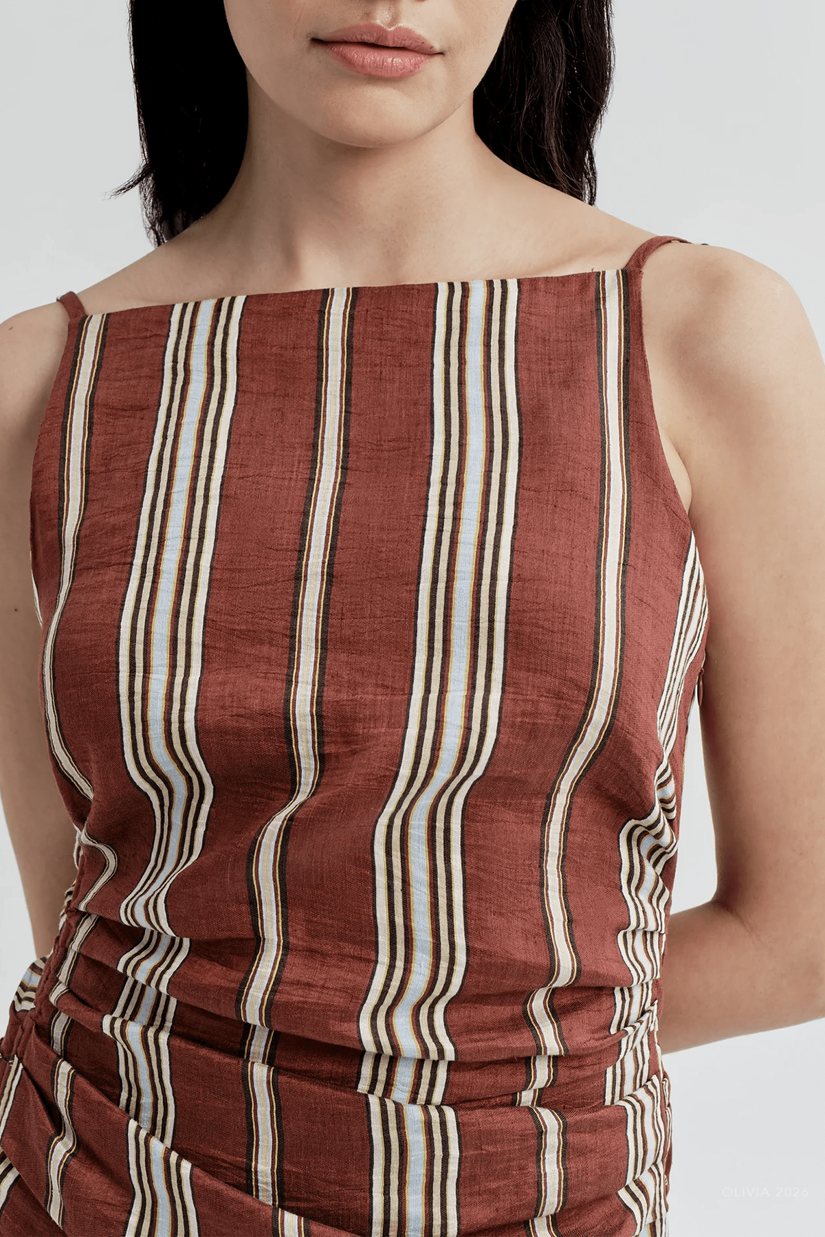 Naomi Striped Linen Midi Dress in Brunette Multi - shop-olivia.com
