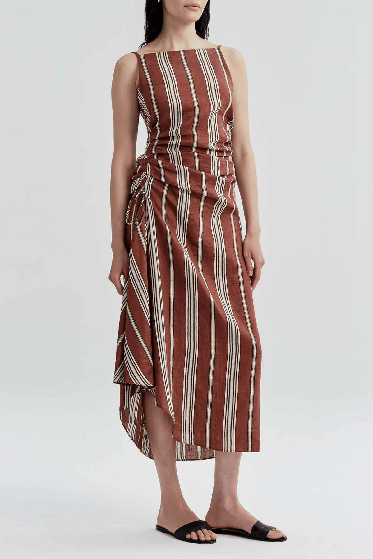 Naomi Striped Linen Midi Dress in Brunette Multi - shop-olivia.com