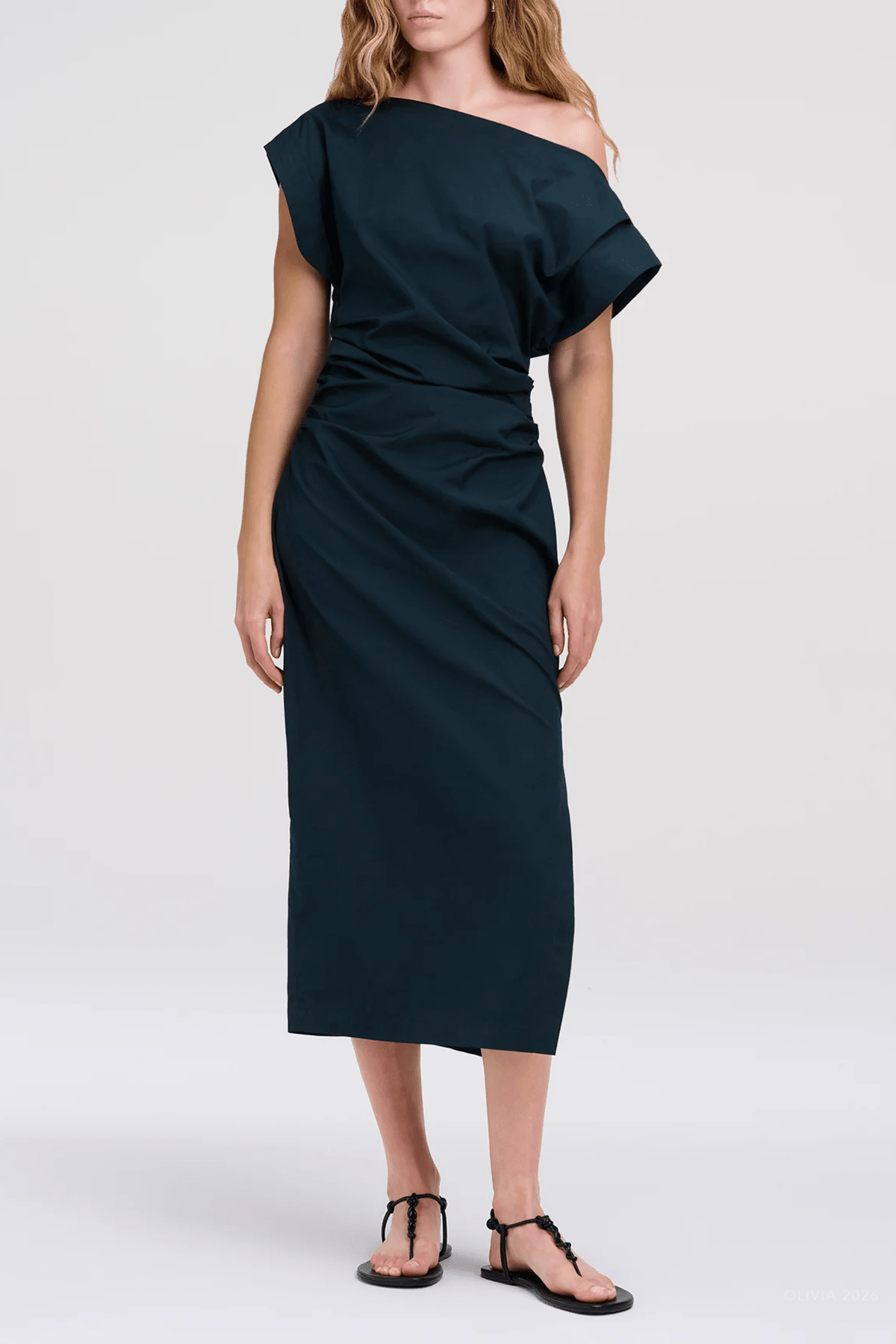 Nara Stretch Cotton Off Shoulder Midi Dress in Carbon Blue - shop-olivia.com