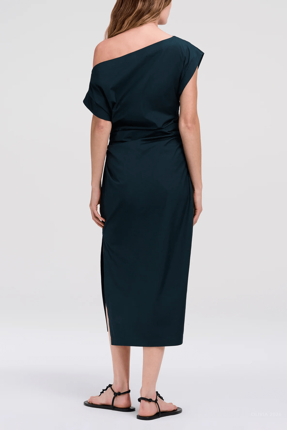 Nara Stretch Cotton Off Shoulder Midi Dress in Carbon Blue - shop-olivia.com