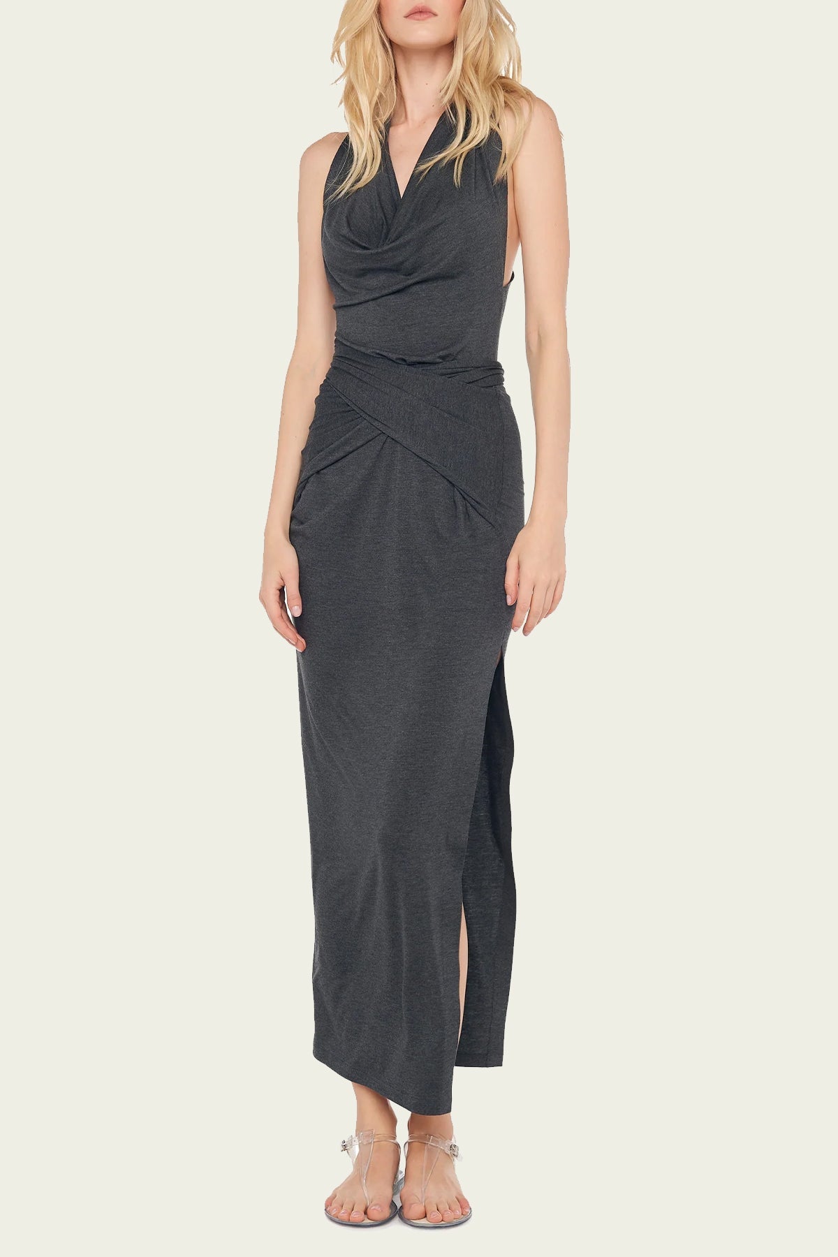 Neeta Tie Front Side Slit Gown in Dark Grey - shop-olivia.com