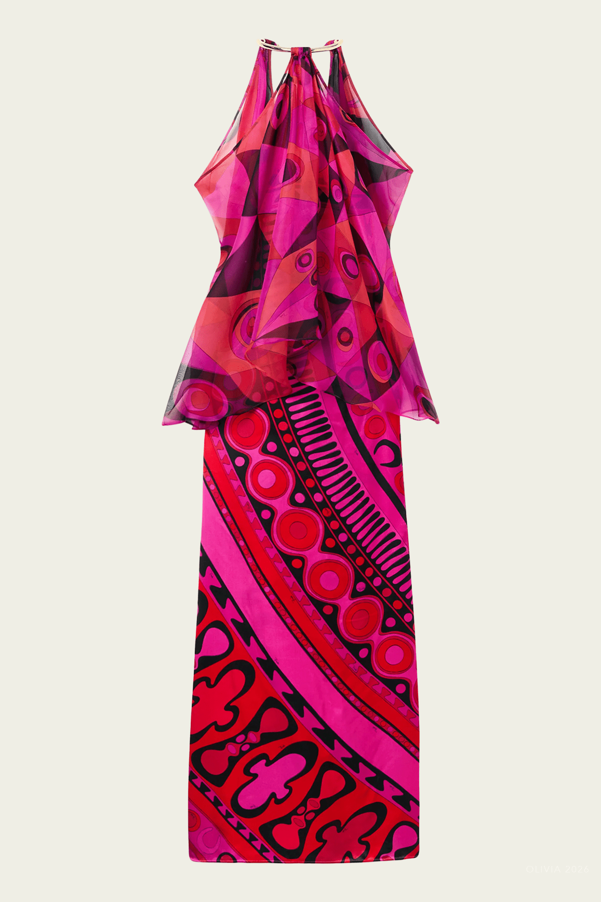 Occhi-Print Satin and Chiffon Dress in Fuchsia Black - shop-olivia.com