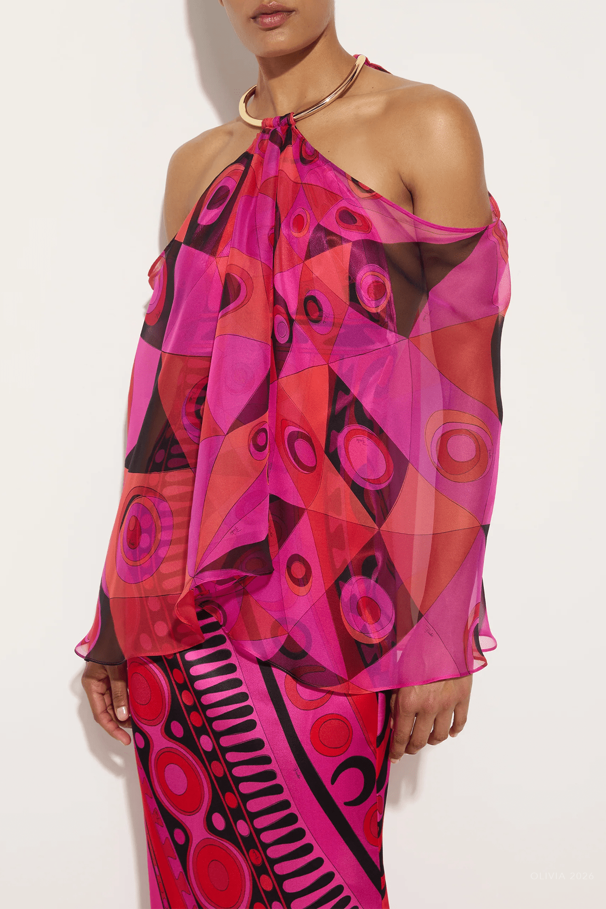 Occhi-Print Satin and Chiffon Dress in Fuchsia Black - shop-olivia.com