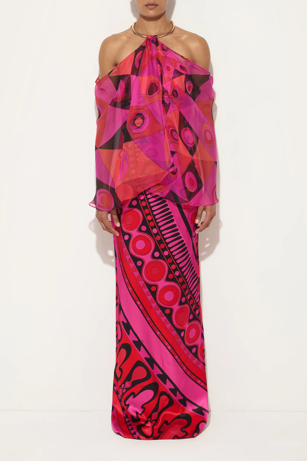 Occhi-Print Satin and Chiffon Dress in Fuchsia Black - shop-olivia.com