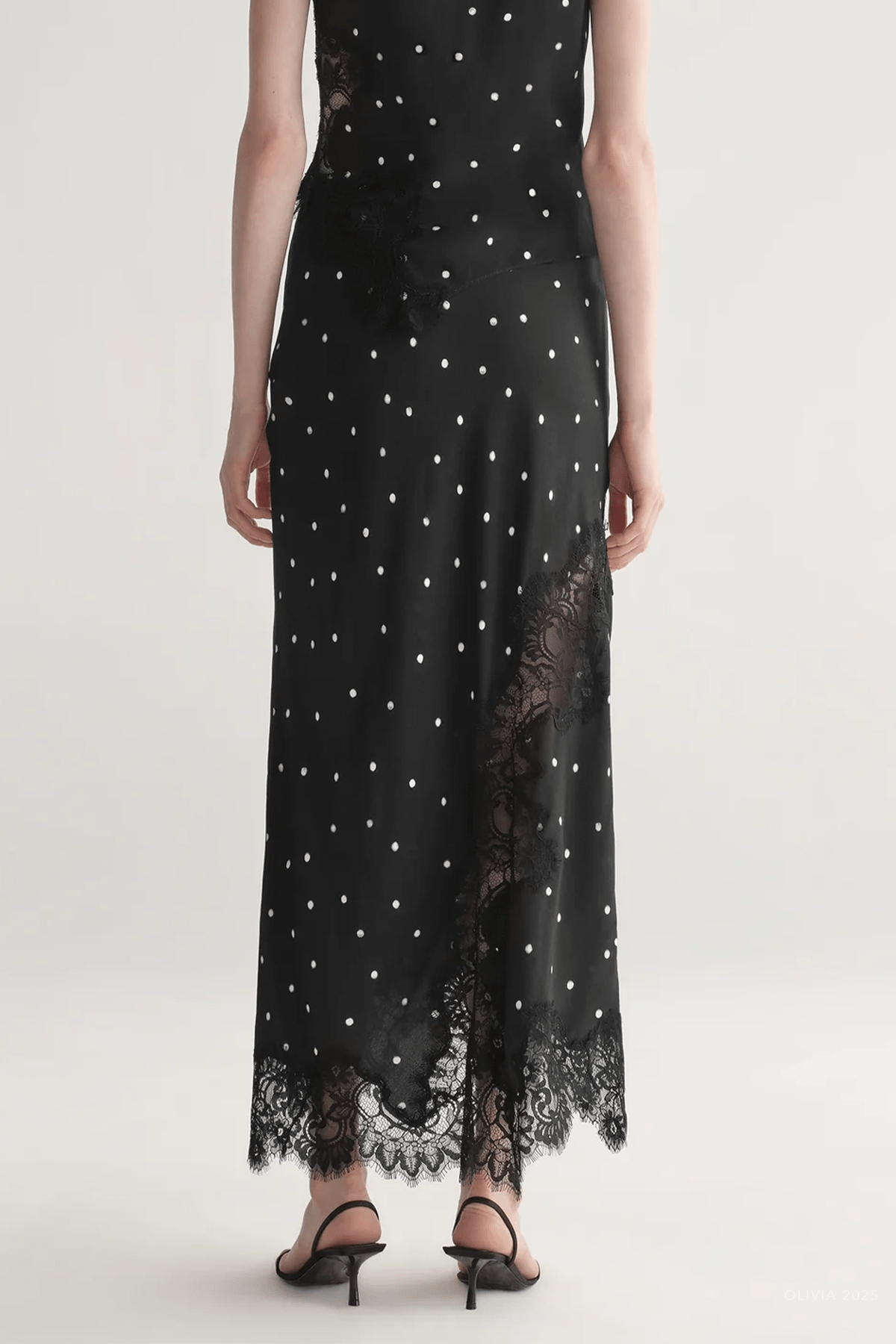 Olivia Polka Dot Crepe And Lace Midi Skirt in Black Cream - shop - olivia.com