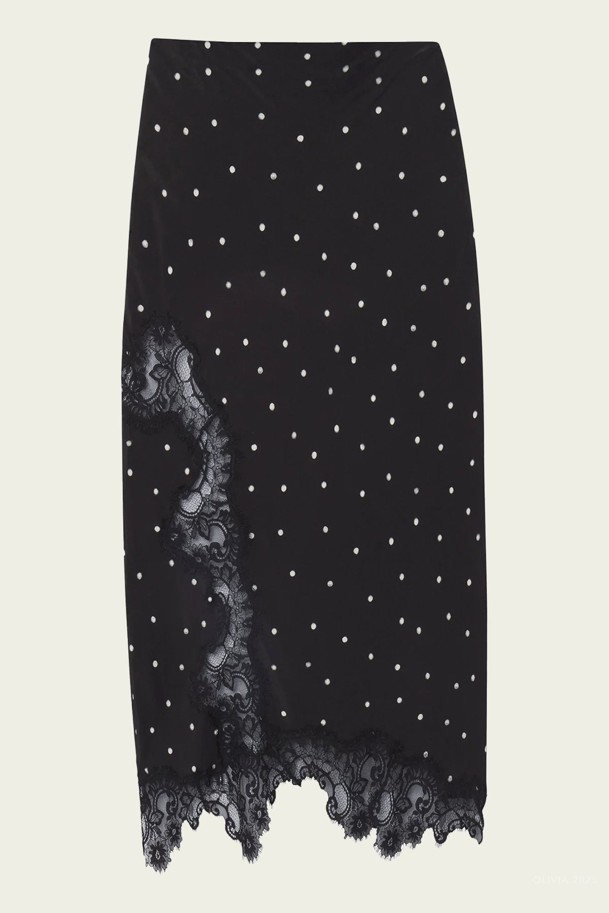 Olivia Polka Dot Crepe And Lace Midi Skirt in Black Cream - shop - olivia.com