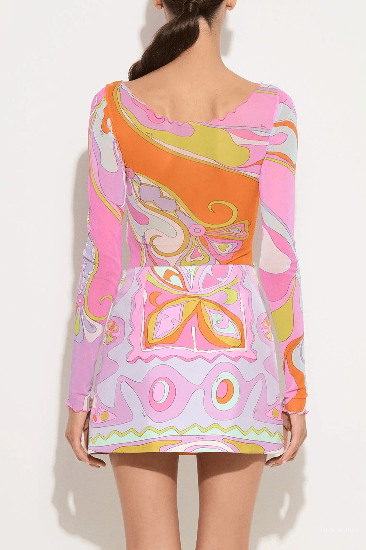 Orchidee-Print Long-Sleeve Tulle Top in Multicolor - shop-olivia.com