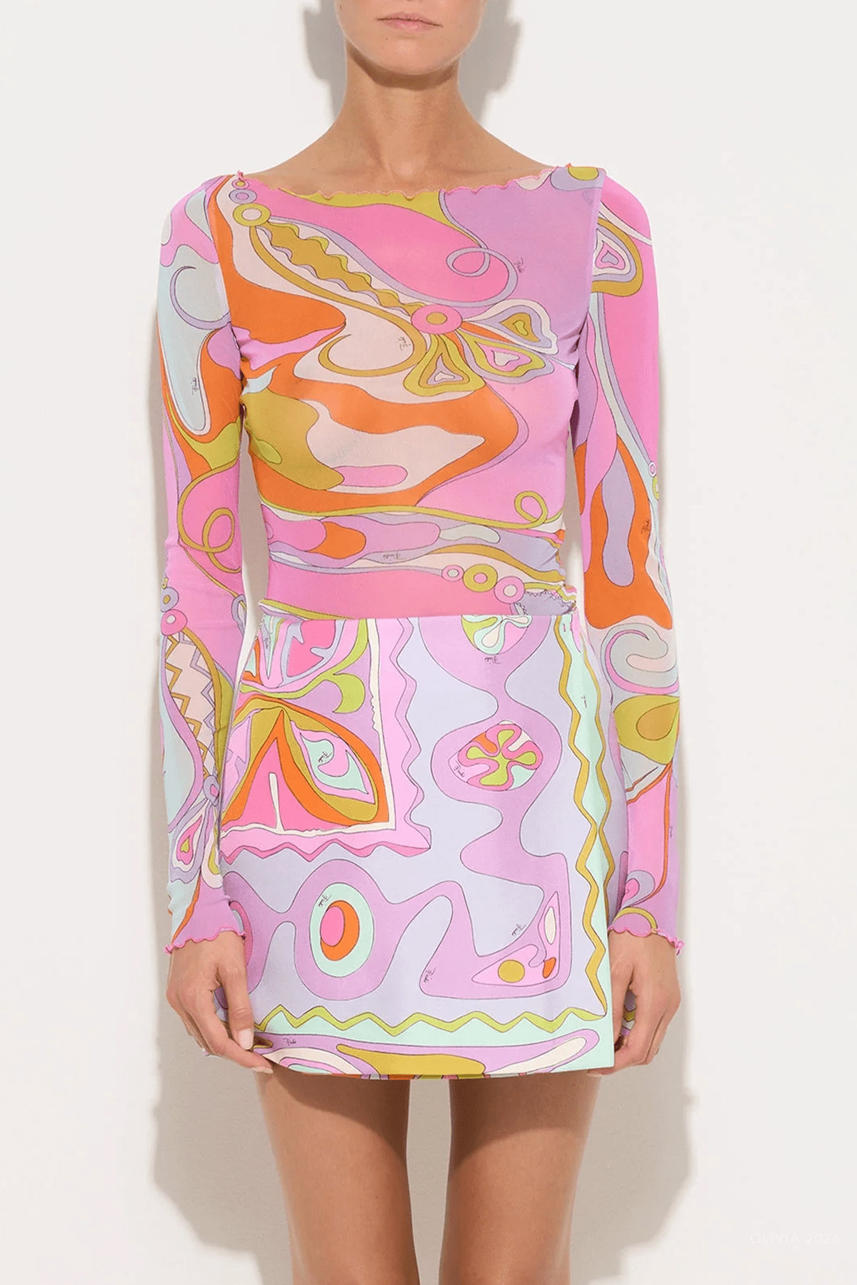 Orchidee-Print Long-Sleeve Tulle Top in Multicolor - shop-olivia.com
