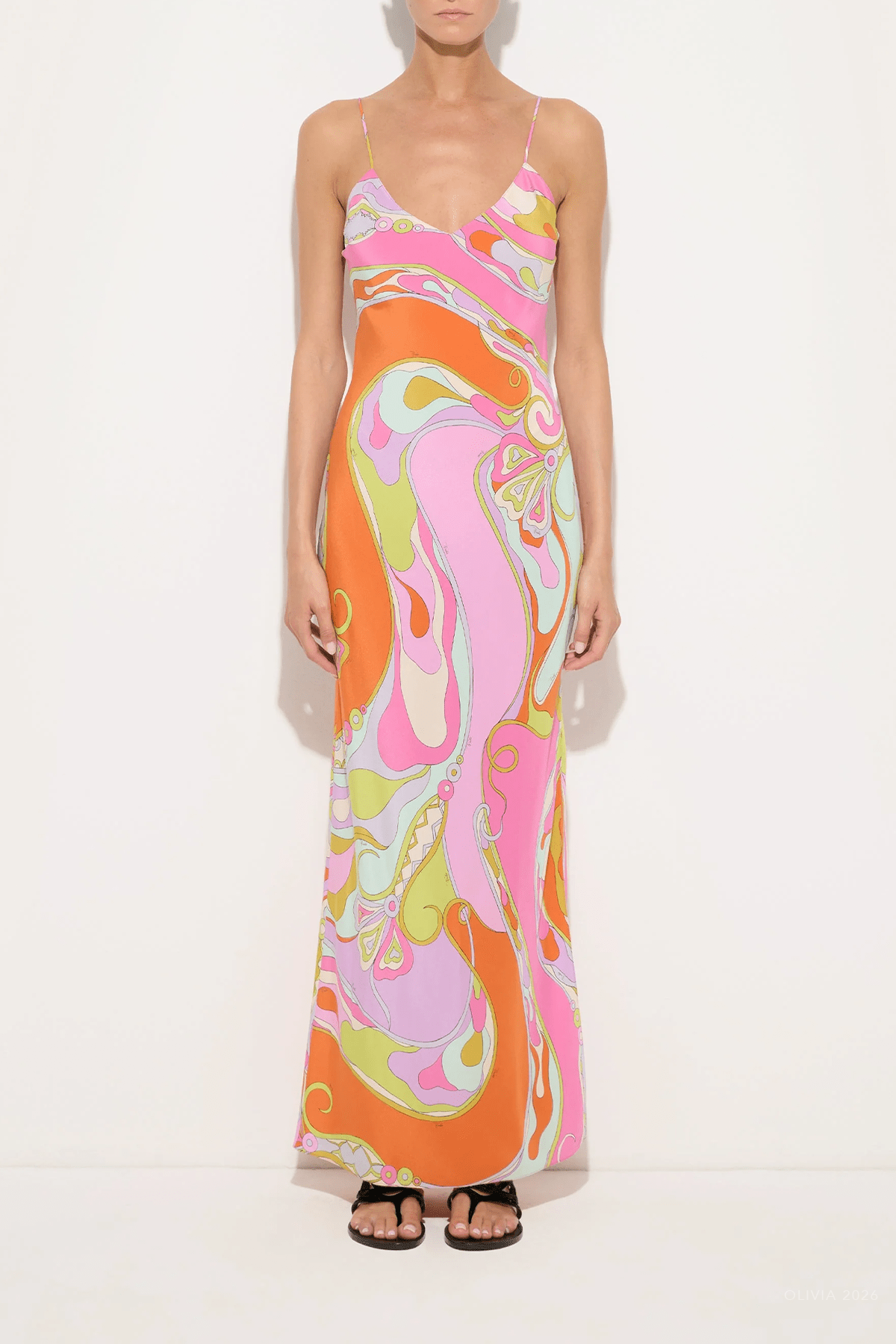 Orchidee-Print Sleeveless Long Silk Dress in Multicolor - shop-olivia.com