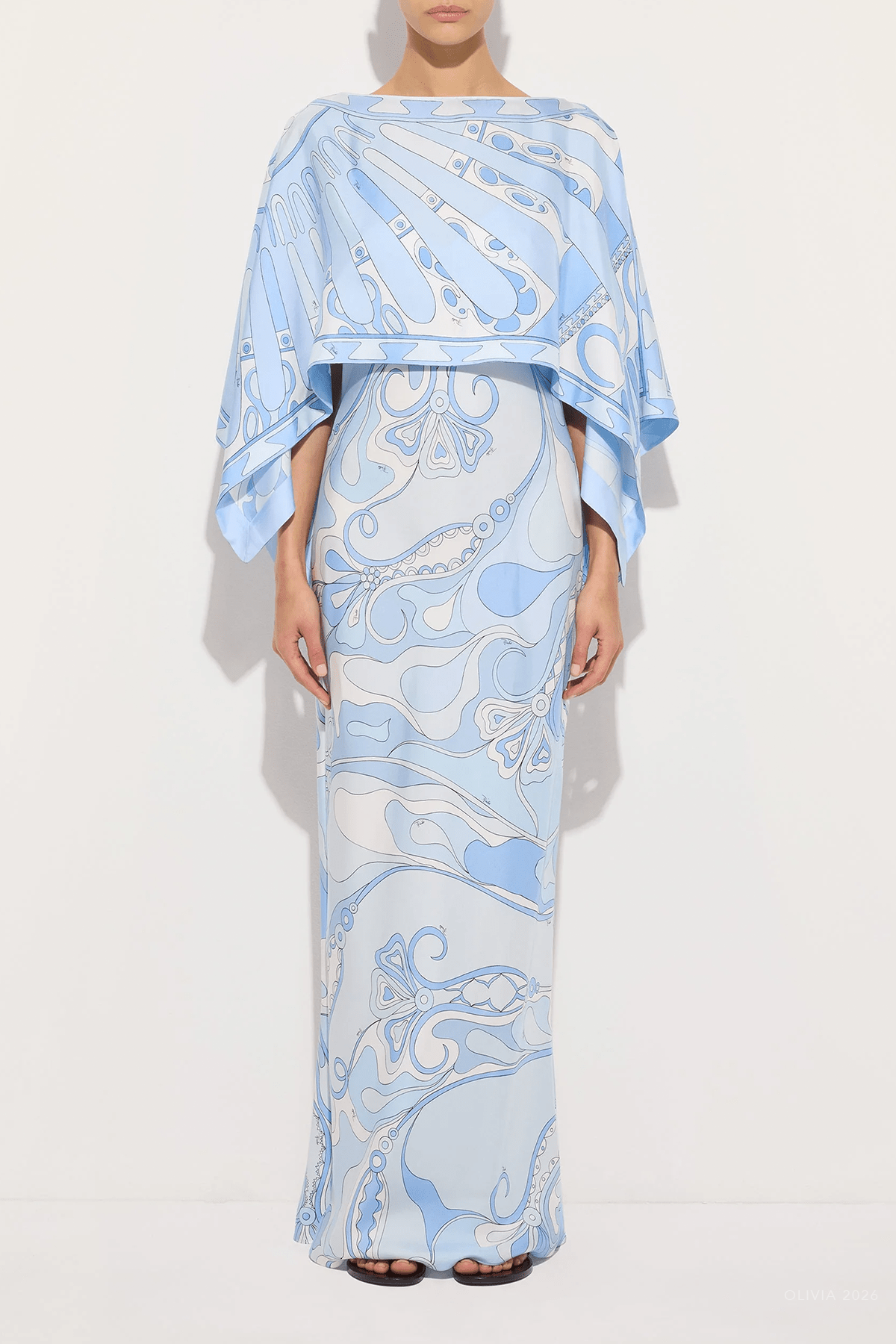 Orchidee - Print Sleeveless Shrug Long Silk Dress in Pale Blue - shop - olivia.com