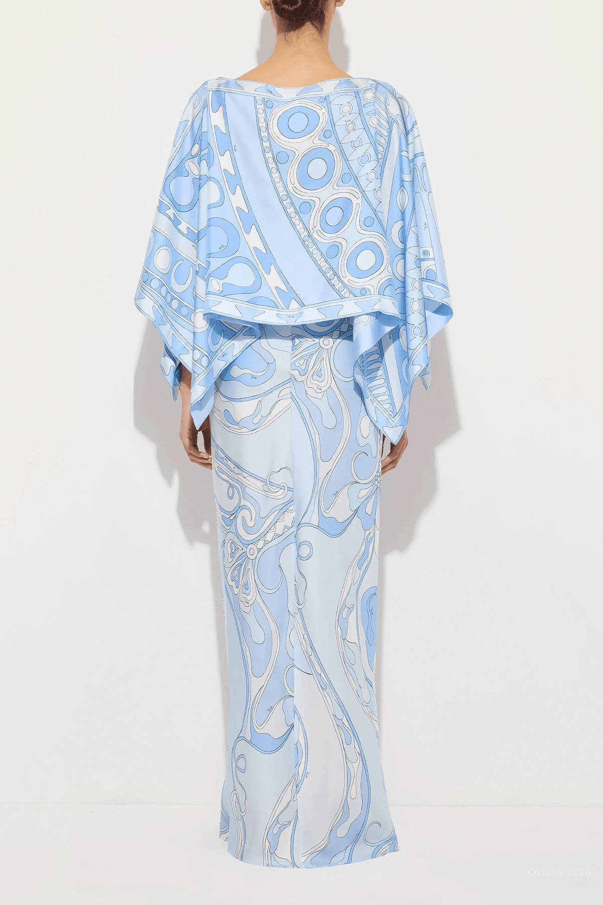 Orchidee - Print Sleeveless Shrug Long Silk Dress in Pale Blue - shop - olivia.com