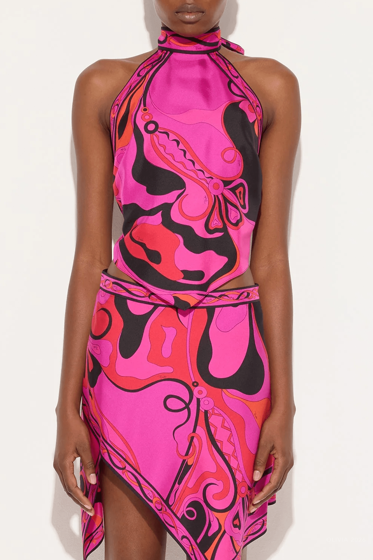 Orchidee-Print Sleeveless Silk Top in Fuchsia Black - shop-olivia.com