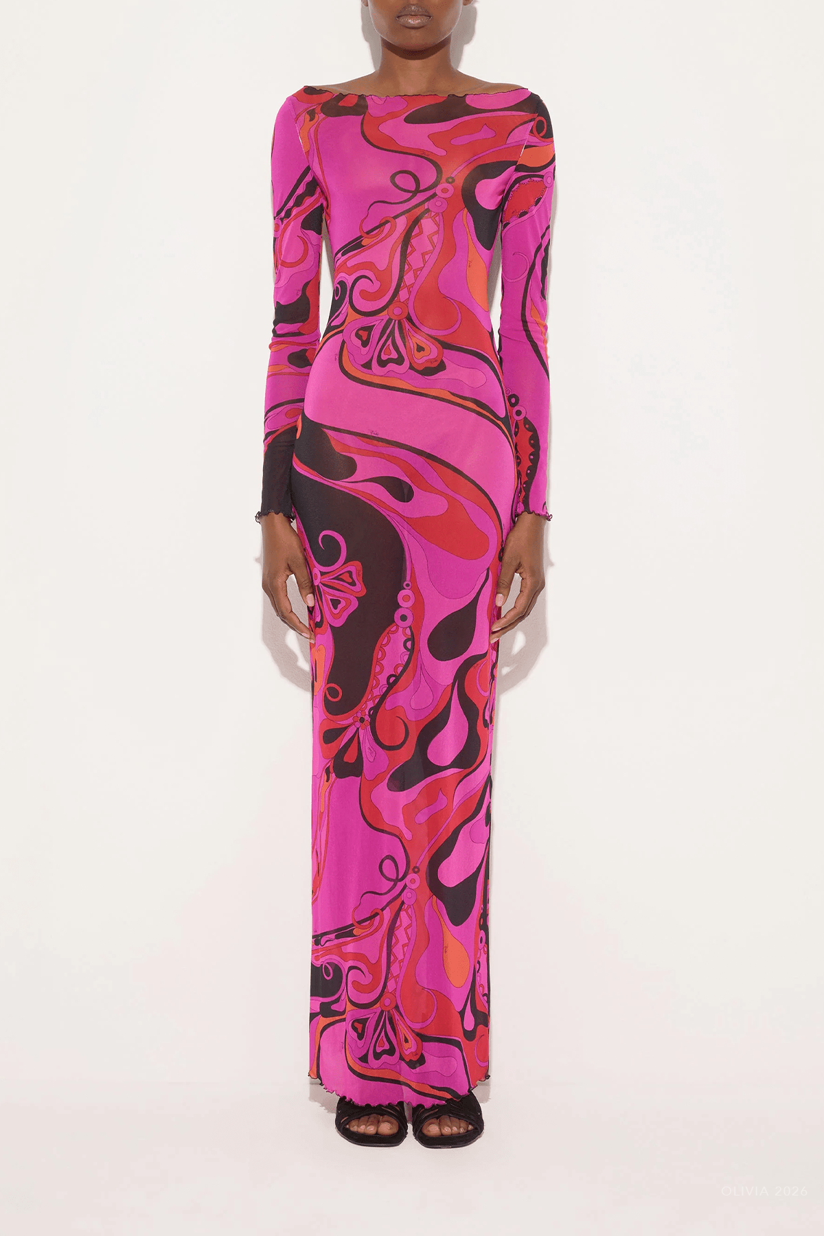 Orchidee-Print Tulle Dress in Fuchsia Black - shop-olivia.com