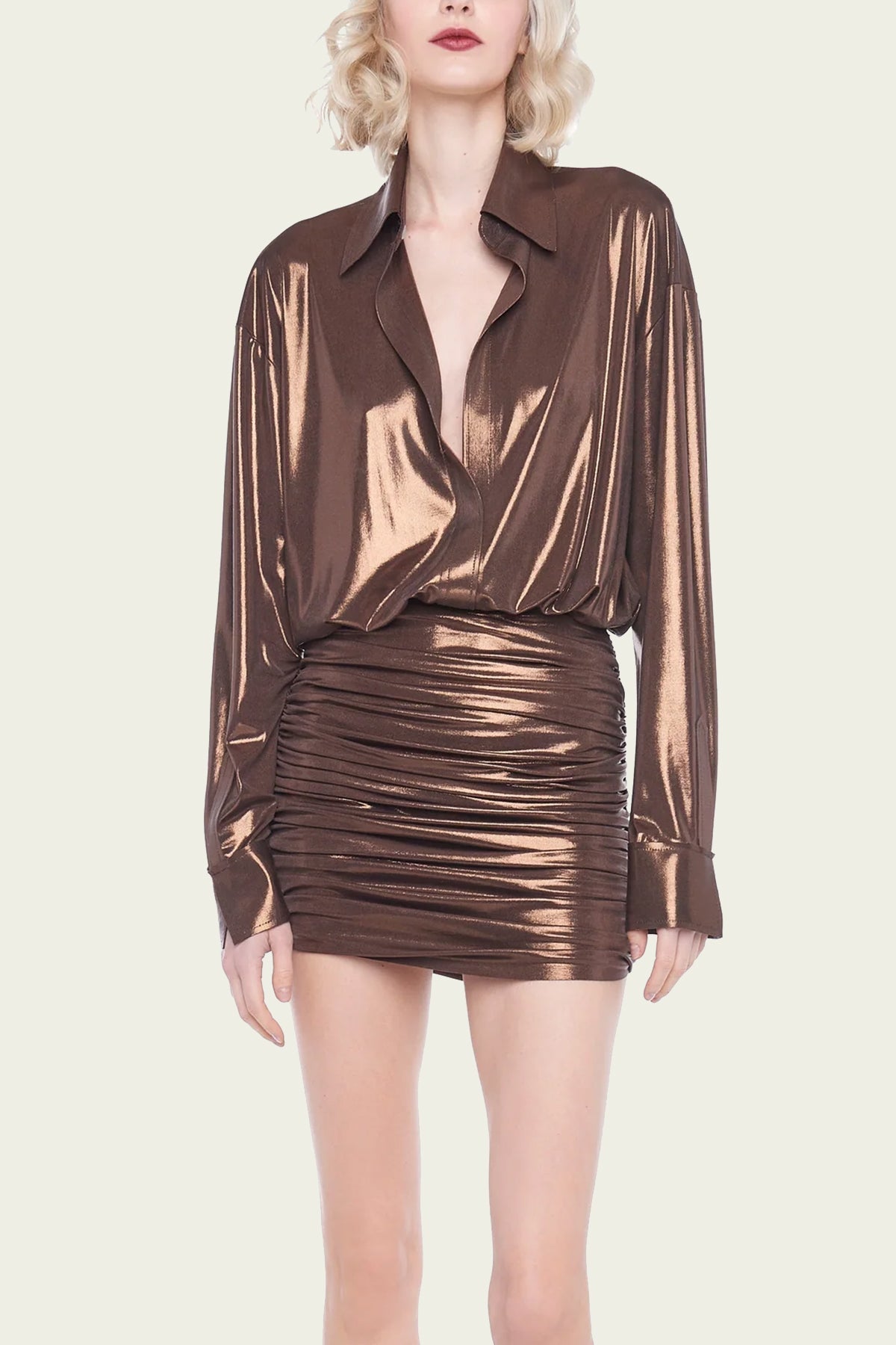 Oversized BF NK Shirt Mini Dress in Metallic Chocolate - shop-olivia.com