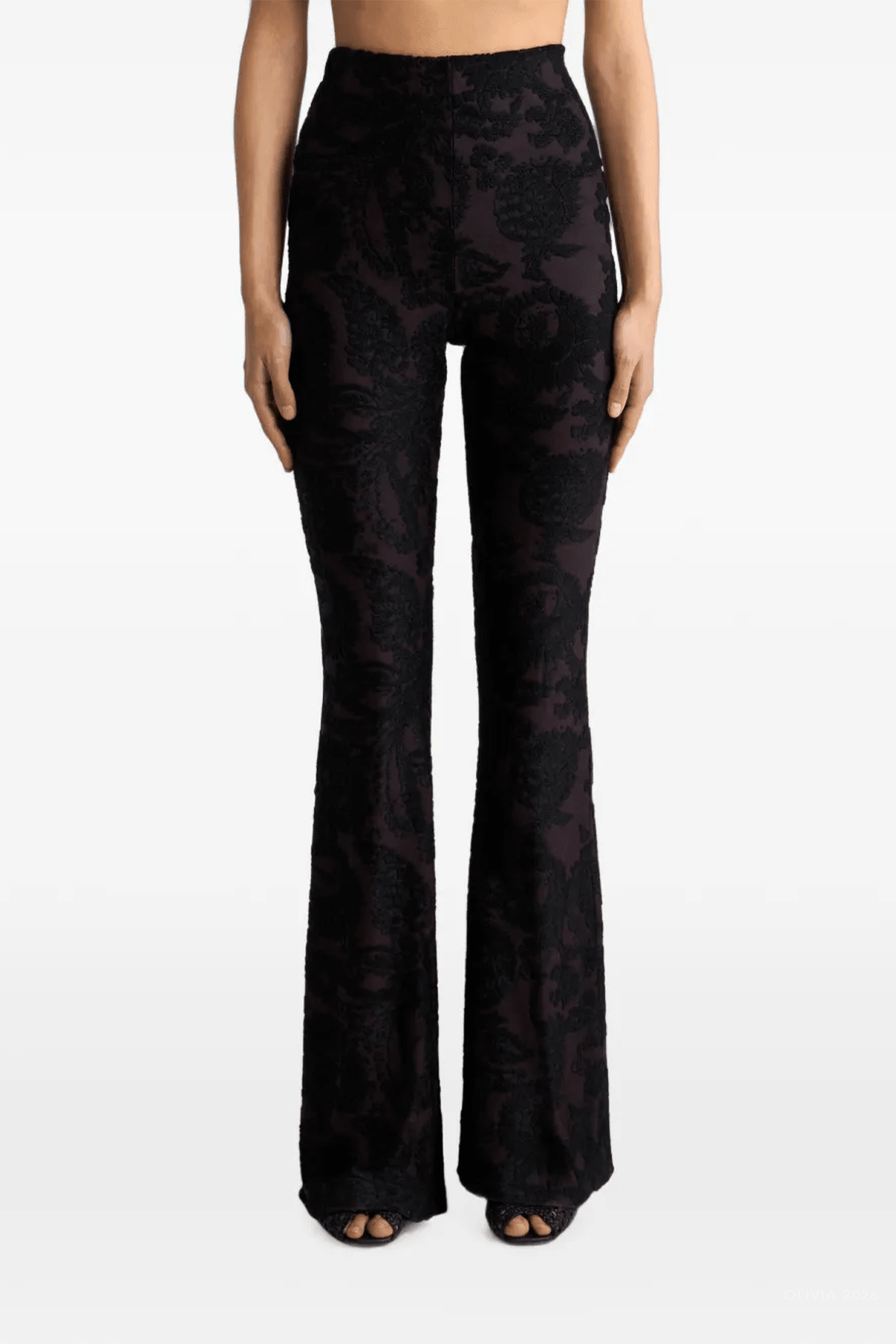 Paisley Foliage Motif Jacquard Flare Pants in Black - shop-olivia.com