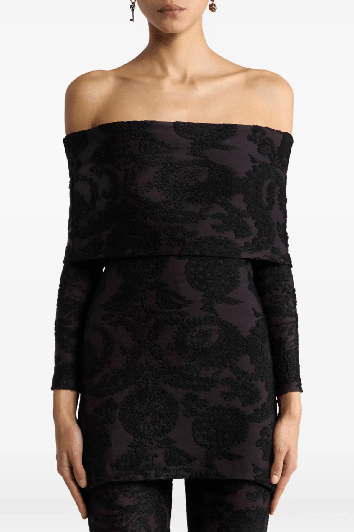 Paisley Foliage Motif Jacquard Top in Black - shop-olivia.com