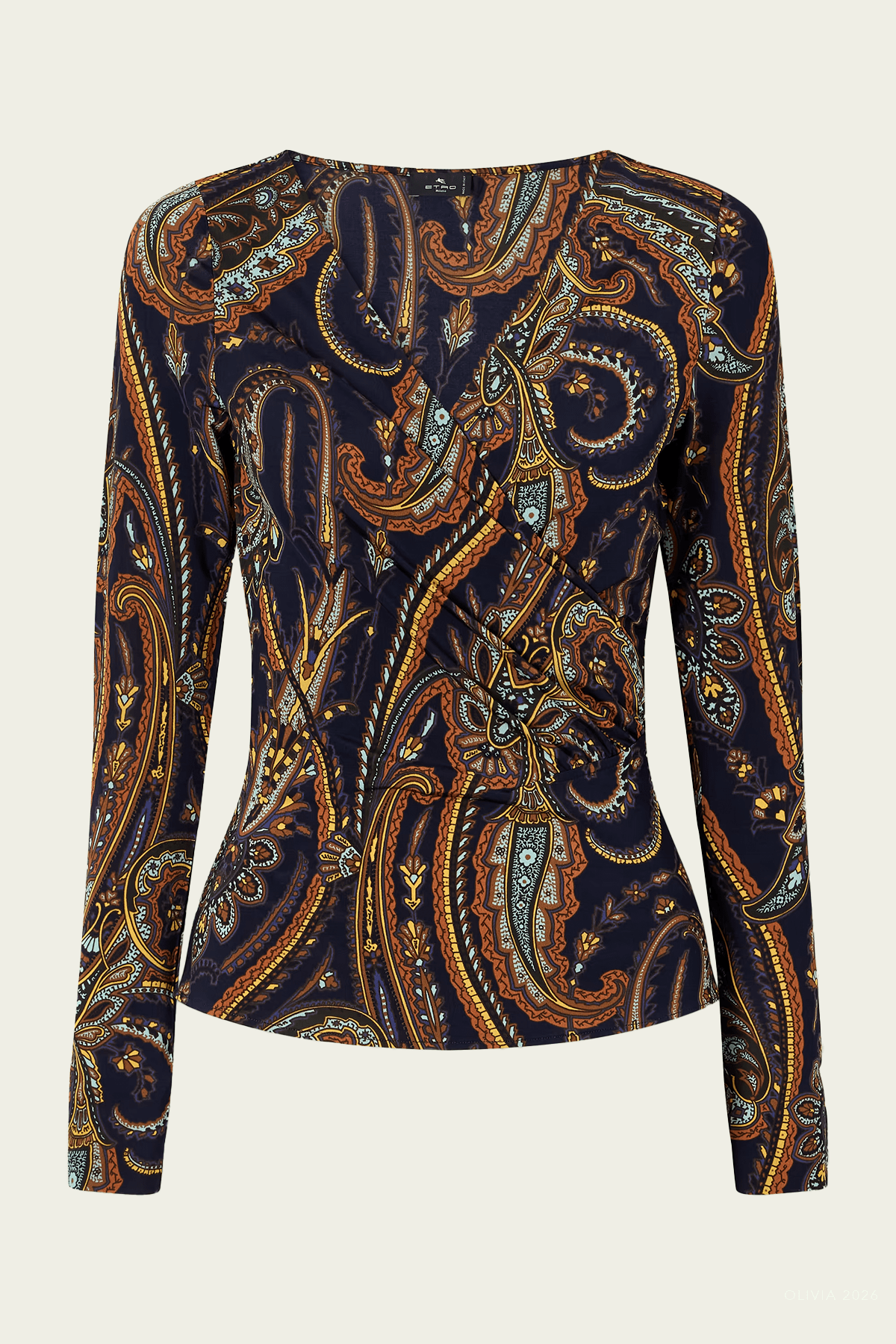 Paisley Print Ruched Top in Blue Multicolor - shop-olivia.com