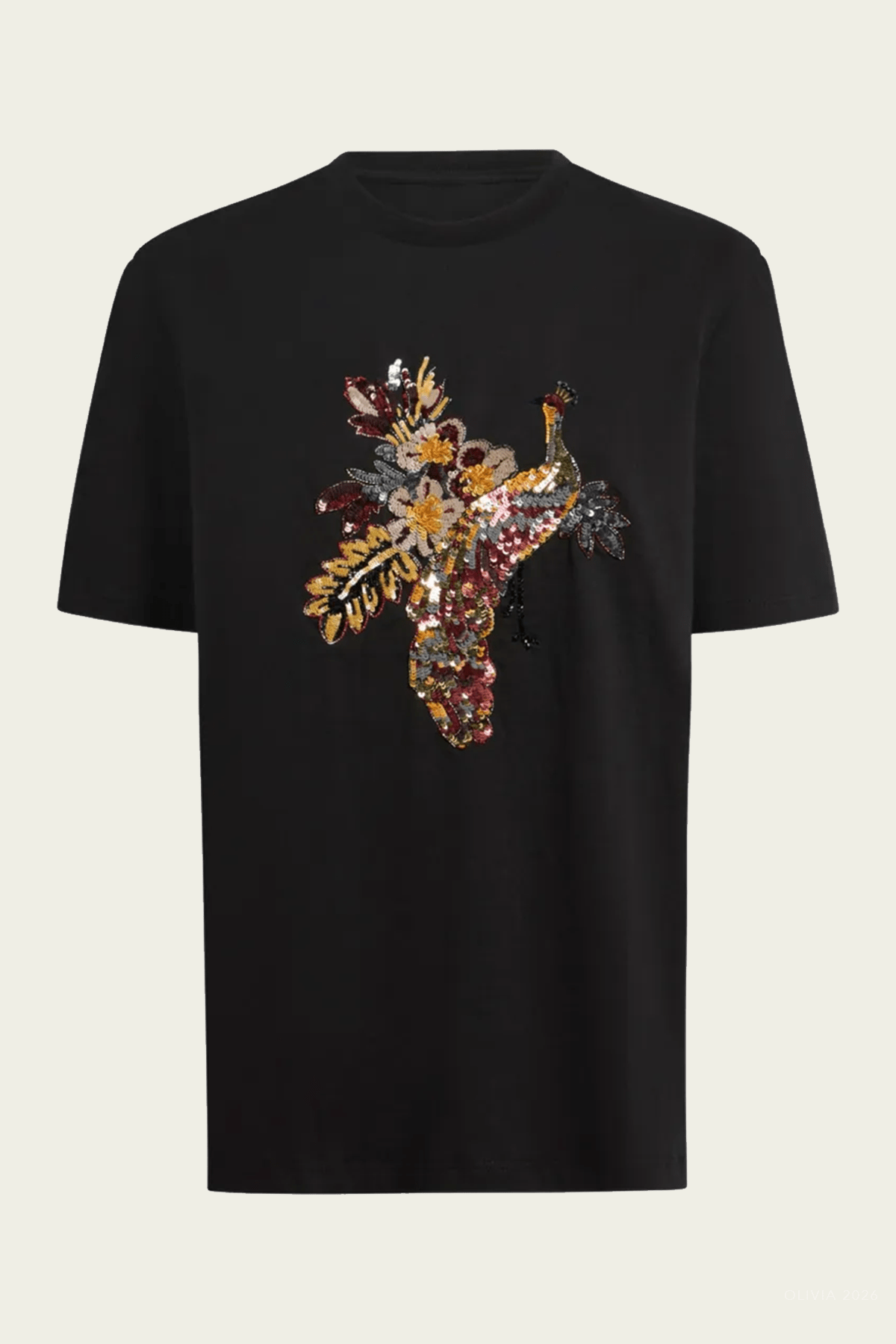 Peacock Embellishment Cotton T-Shirt in Black - shop-olivia.com