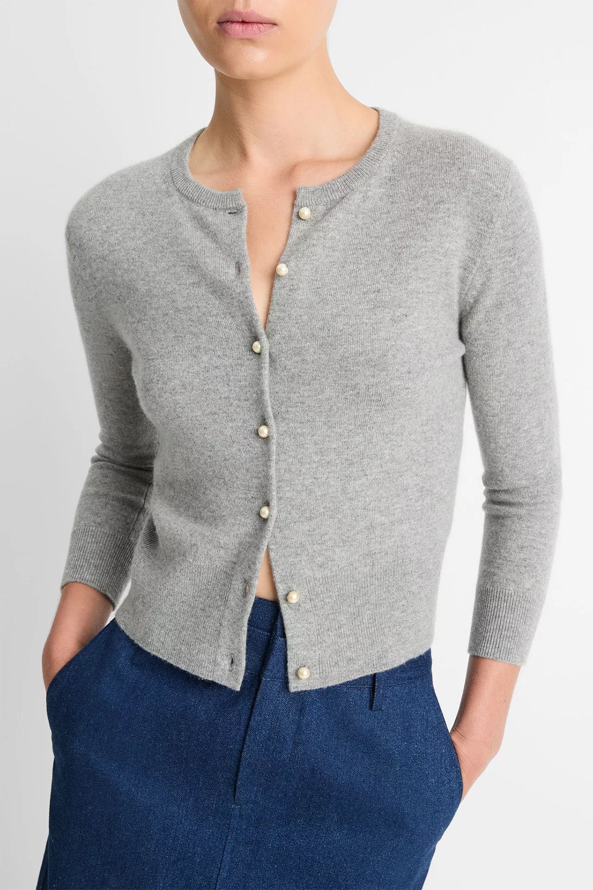 Pearl - Button Wool - Blend Cardigan in Heather Mid Grey - shop - olivia.com