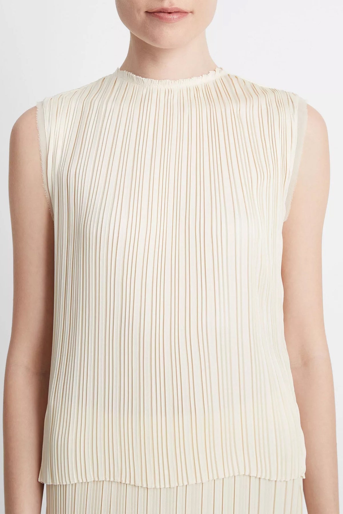 Pleated Satin Crew Neck Shell in Bell - shop-olivia.com