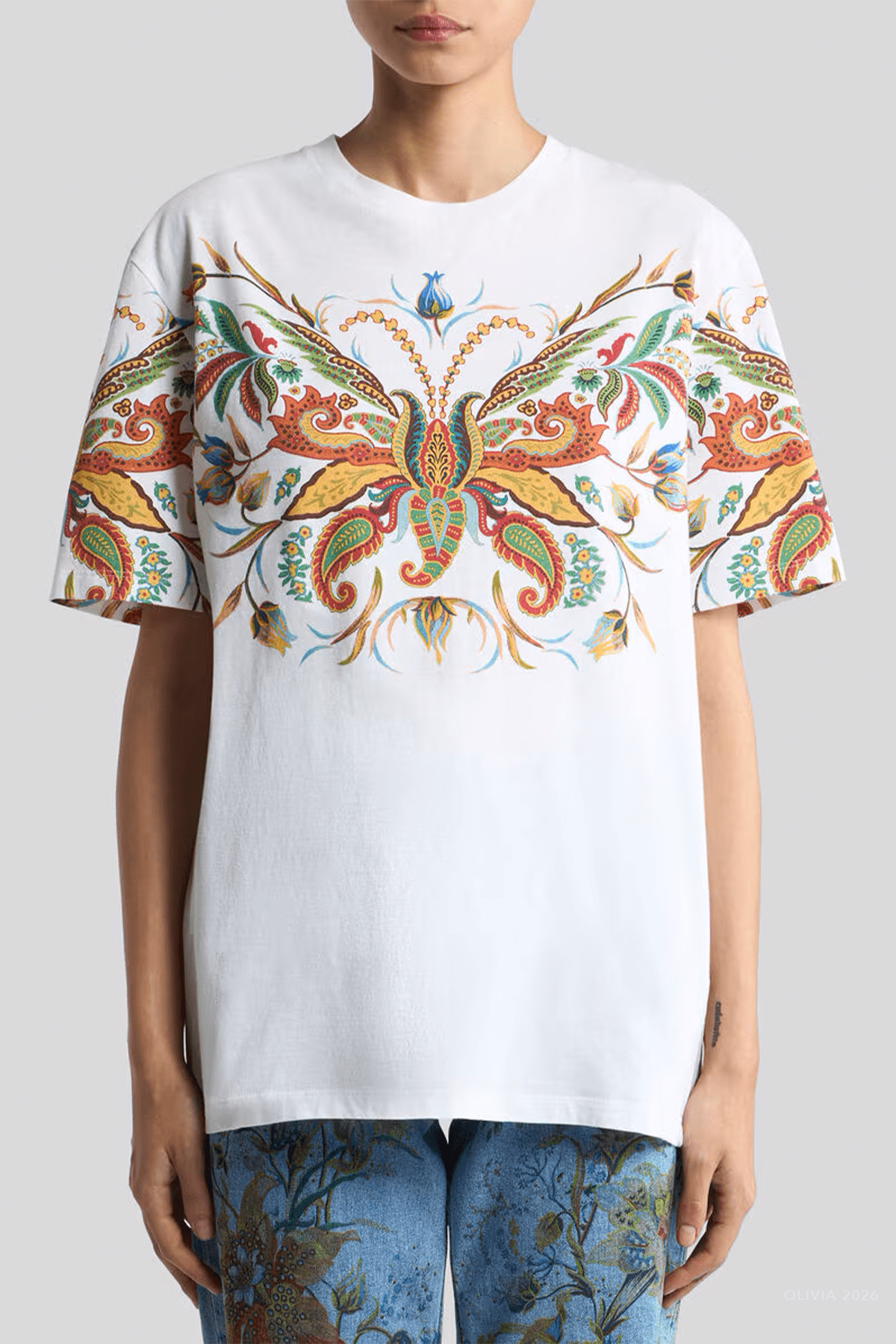 Printed Cotton T-Shirt in White Multi - shop-olivia.com