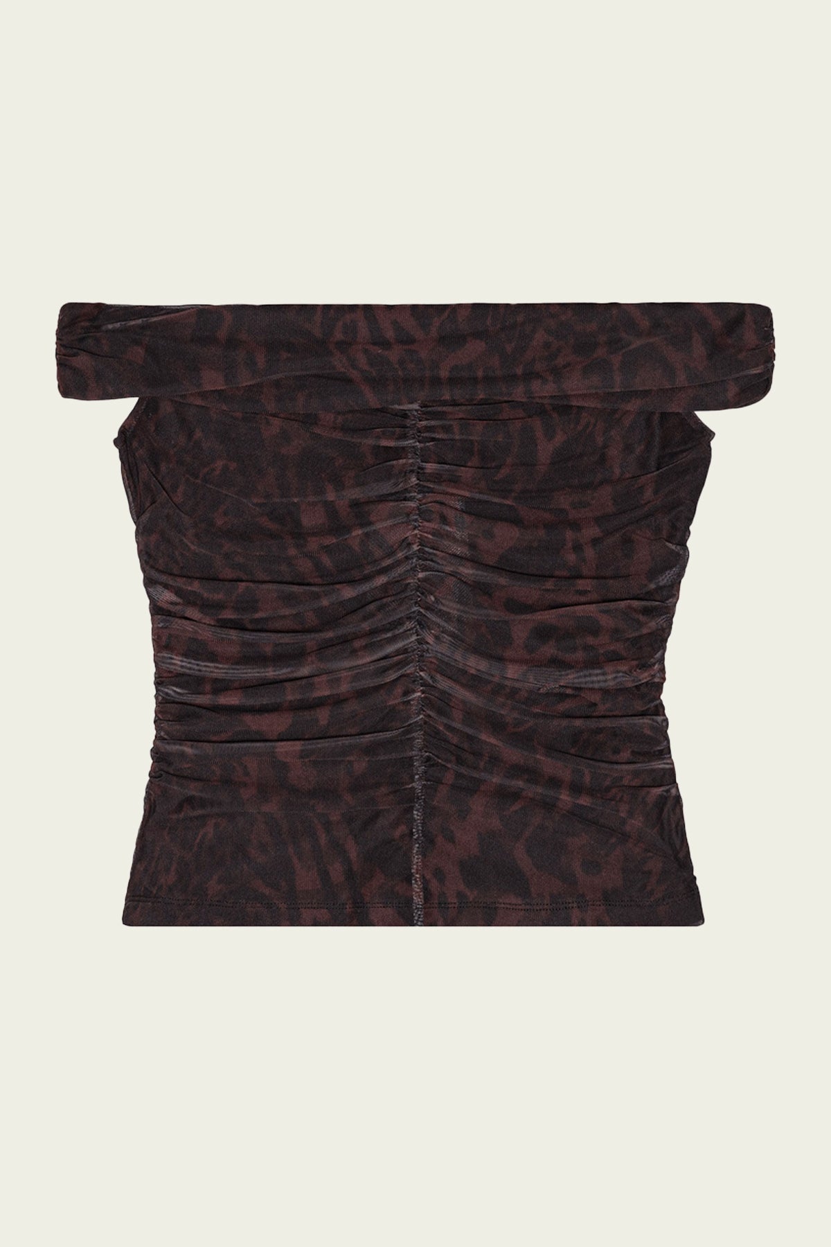 Printed Mesh Off - shoulder Ruched Top in Bitter Chocolate - shop - olivia.com