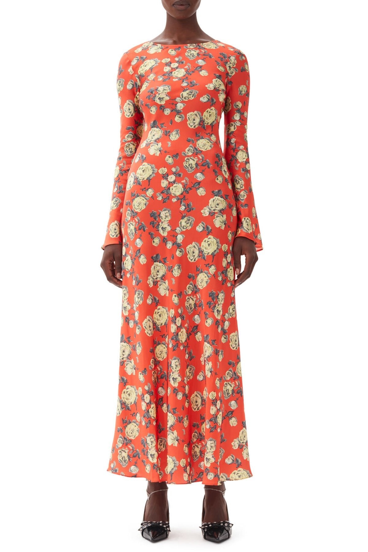 Printed Satin Maxi Dress in Poinciana - shop - olivia.com