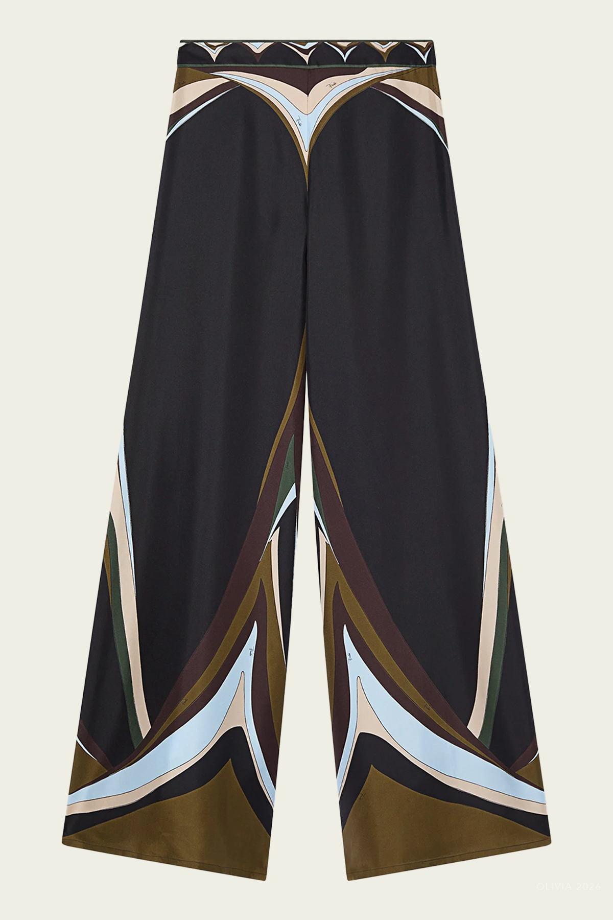 Fari-Print Wide-Leg Silk Trousers in Khaki Blue