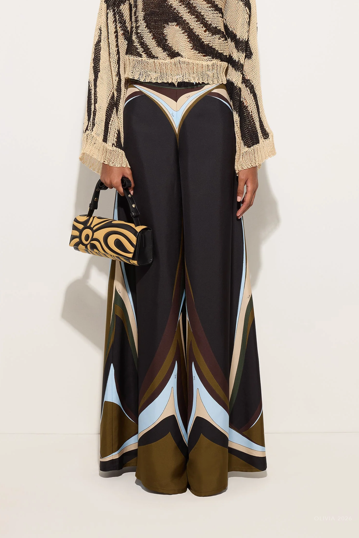 Fari-Print Wide-Leg Silk Trousers in Khaki Blue