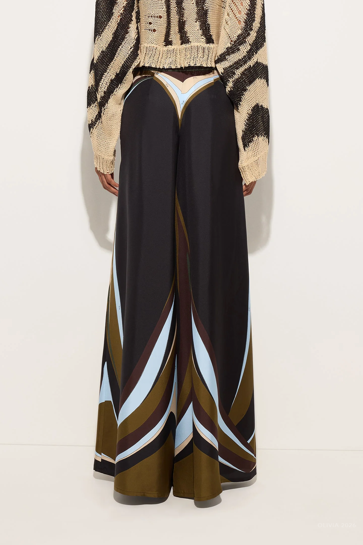 Fari-Print Wide-Leg Silk Trousers in Khaki Blue