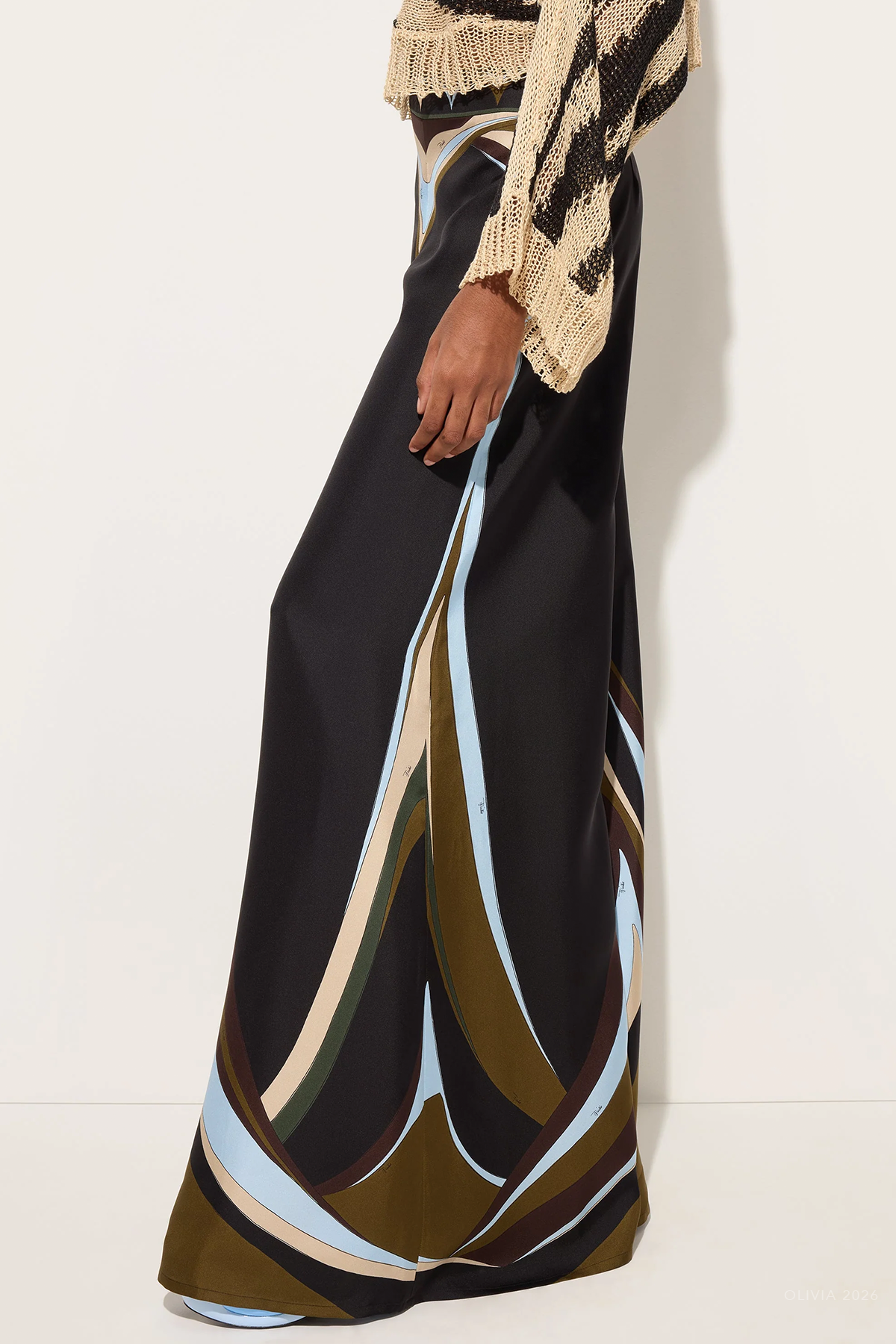 Fari-Print Wide-Leg Silk Trousers in Khaki Blue