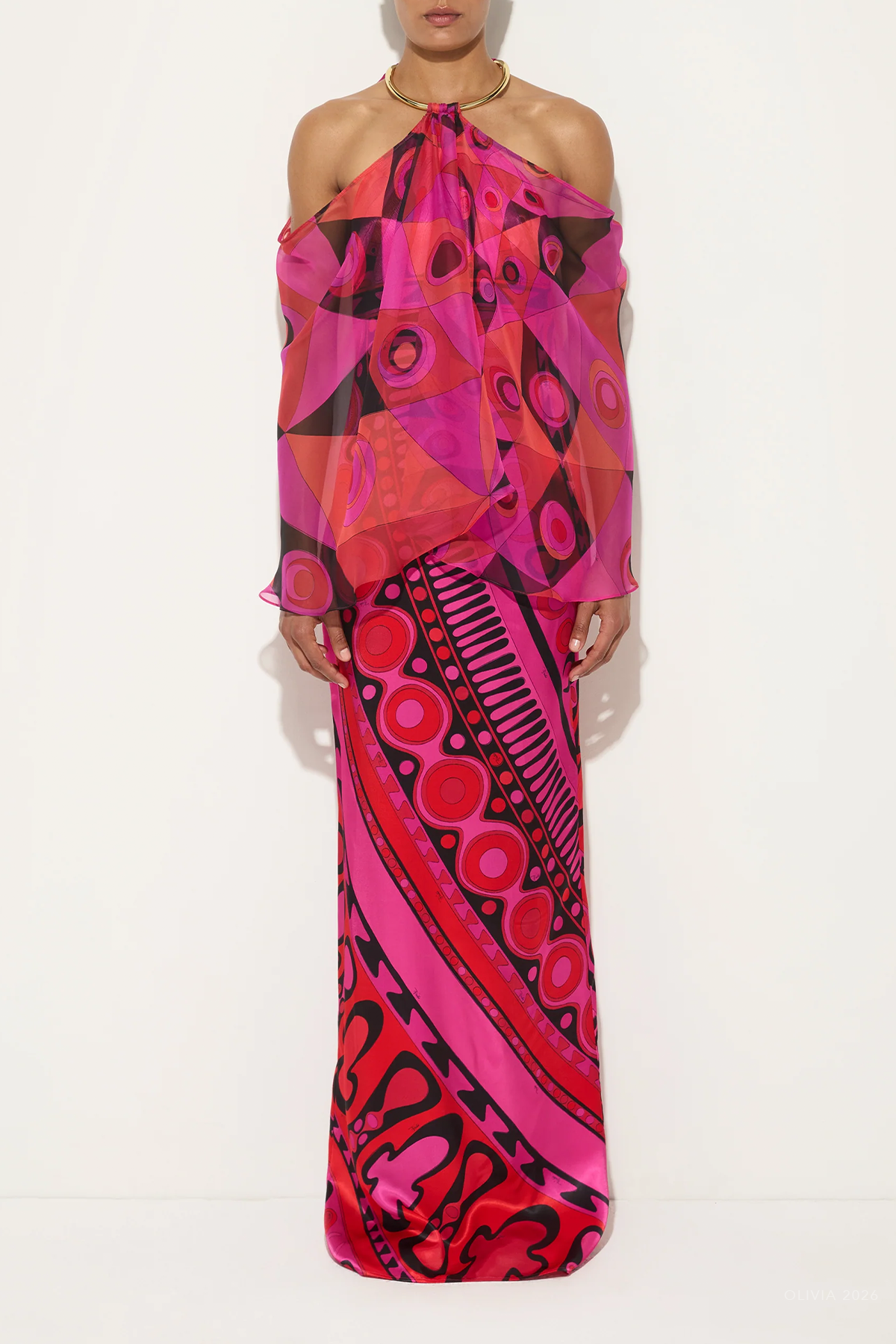 Occhi-Print Satin and Chiffon Dress in Fuchsia Black