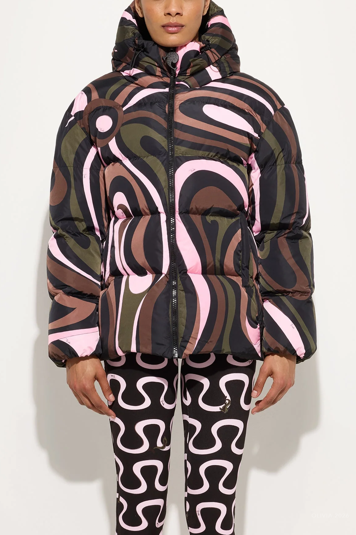 Marmo-Print Down Jacket in Khaki Pink