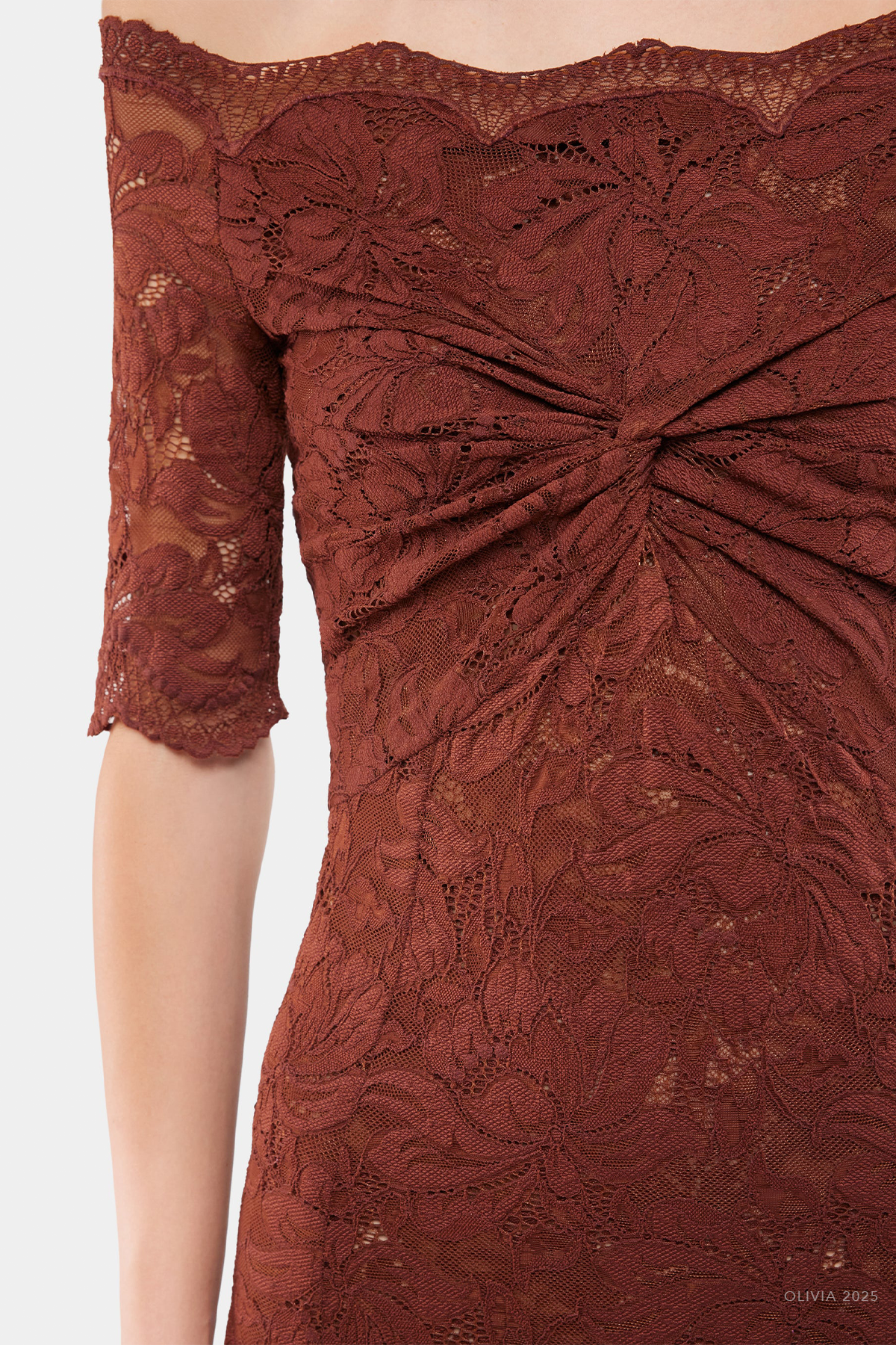 Lace Off-Shoulder Midi Dress in Cinnamon Brown