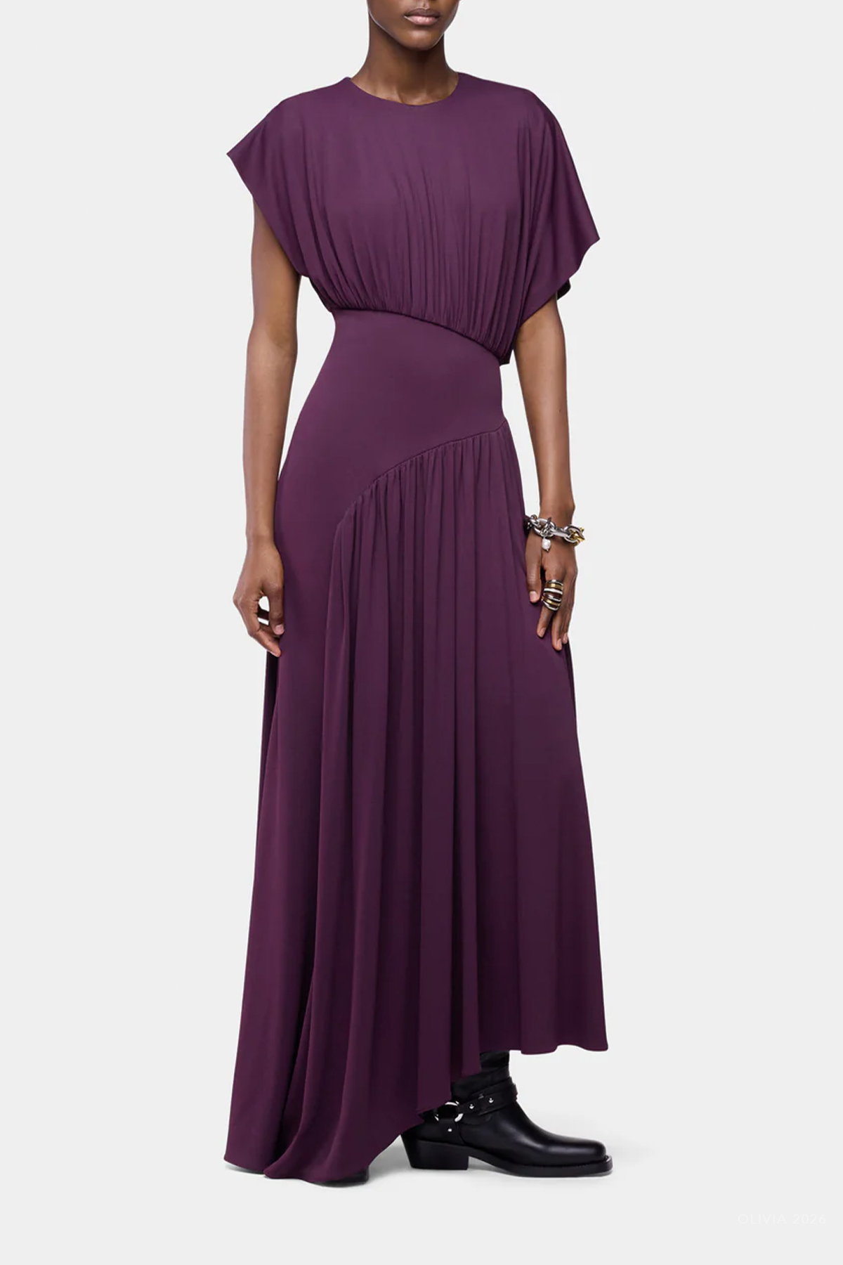 Asymmetrical Ruched Long Dress in Magenta