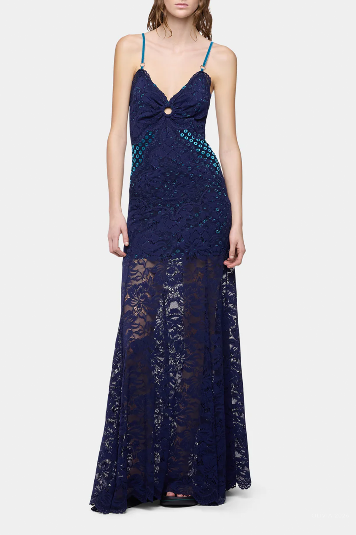 Sleeveless Long Lace Dress in Deep Navy