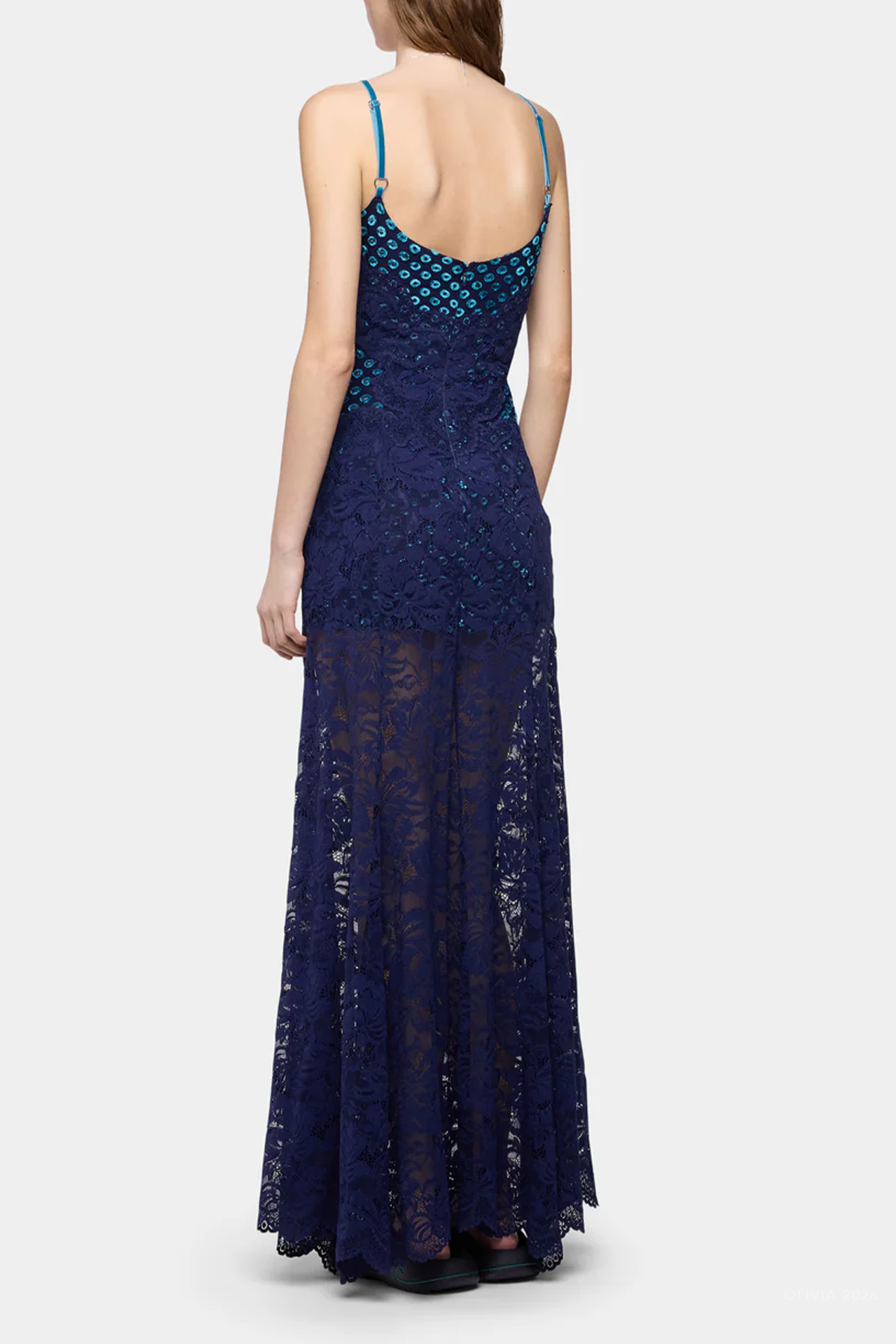 Sleeveless Long Lace Dress in Deep Navy