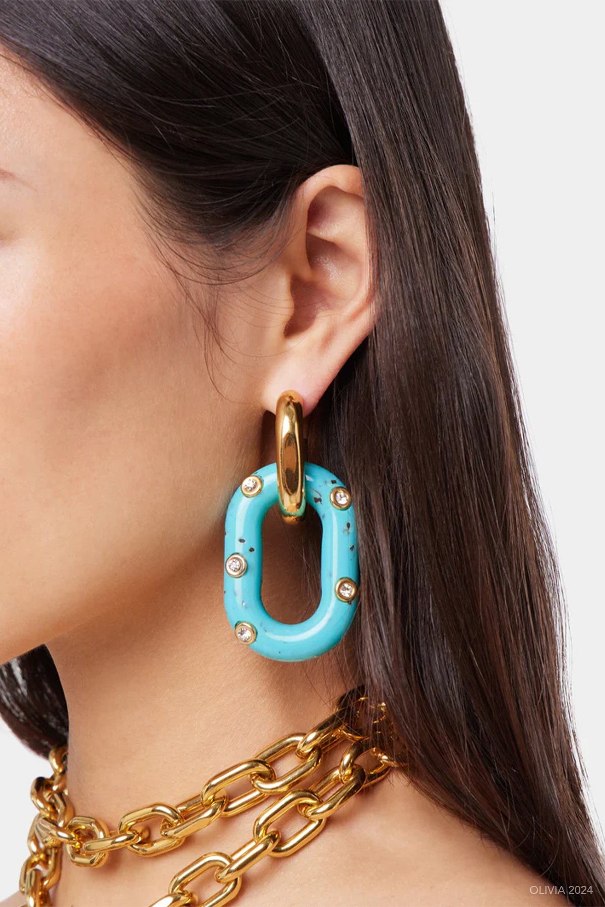 XL Link Earrings in Gold Turquoise