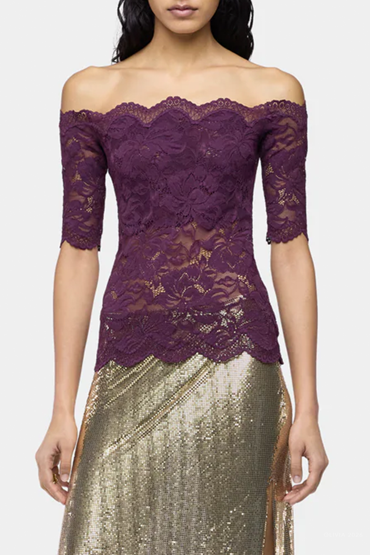Short-Sleeve Layered Lace Top in Magenta