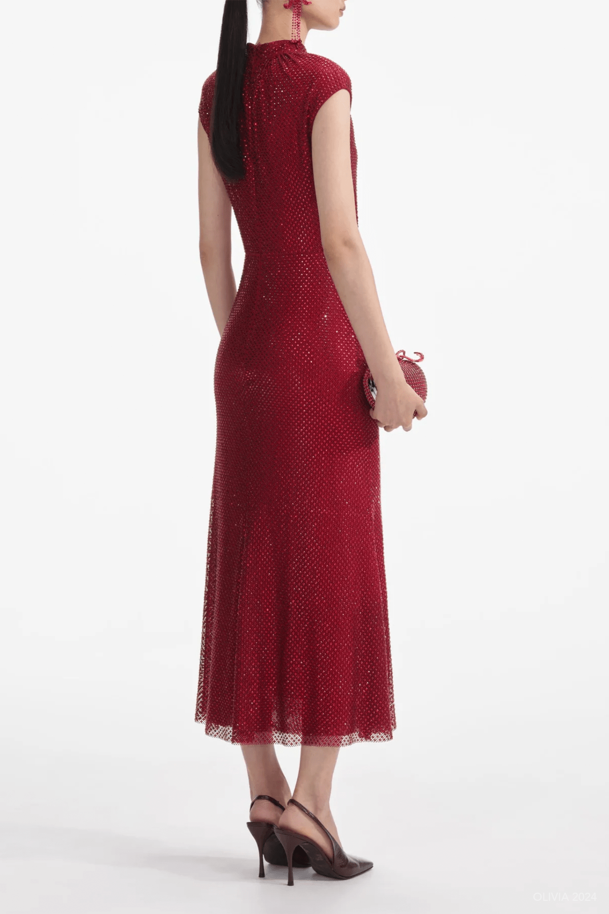 Red Rhinestone Fishnet Midi Dress - shop - olivia.com