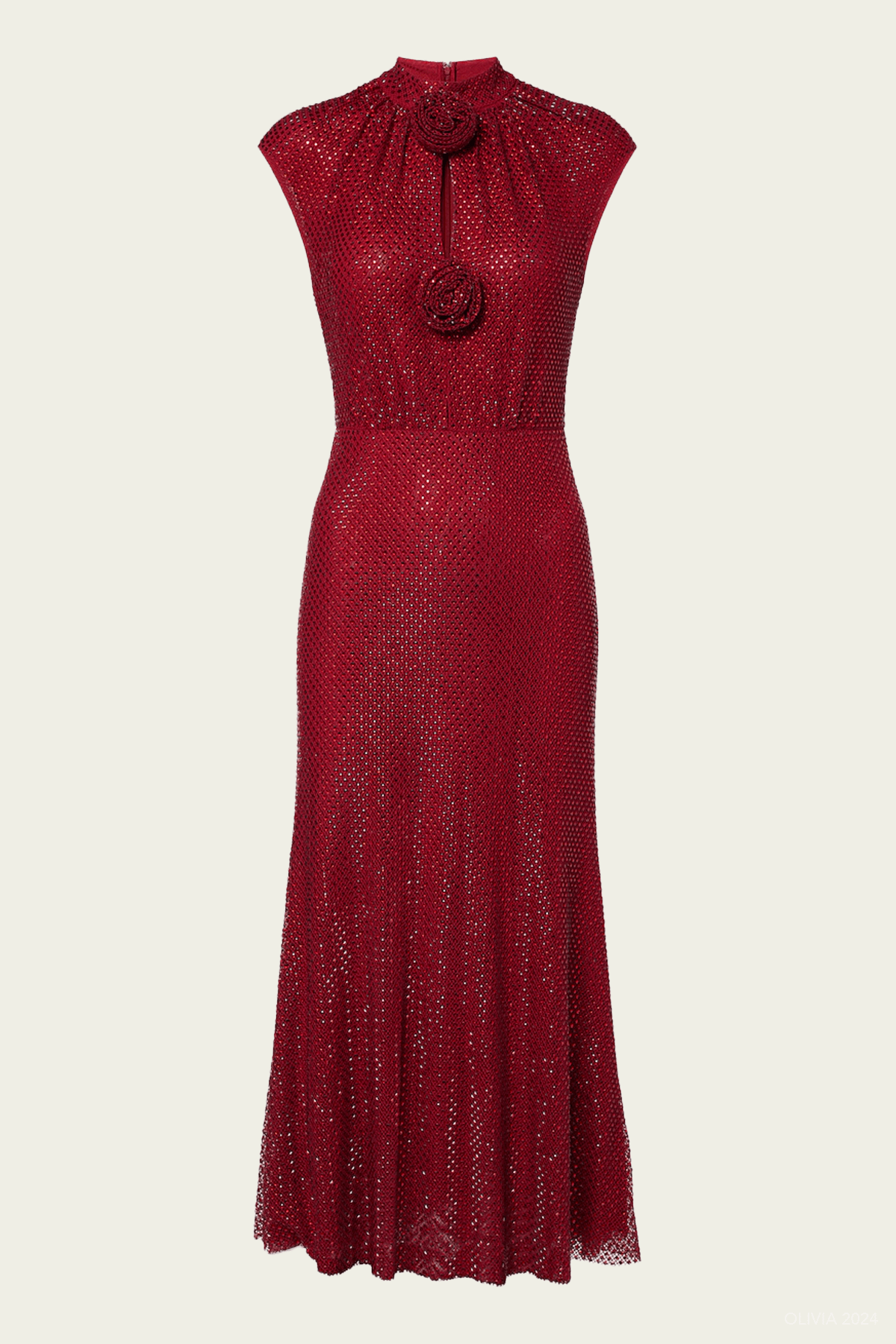 Red Rhinestone Fishnet Midi Dress - shop - olivia.com