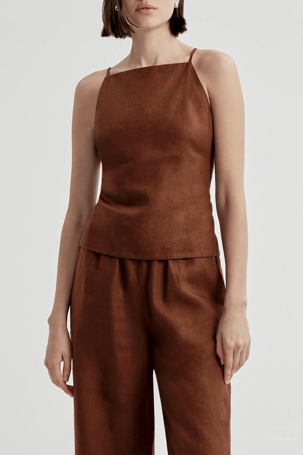 Reese Tie-Back Linen Top in Brunette - shop-olivia.com