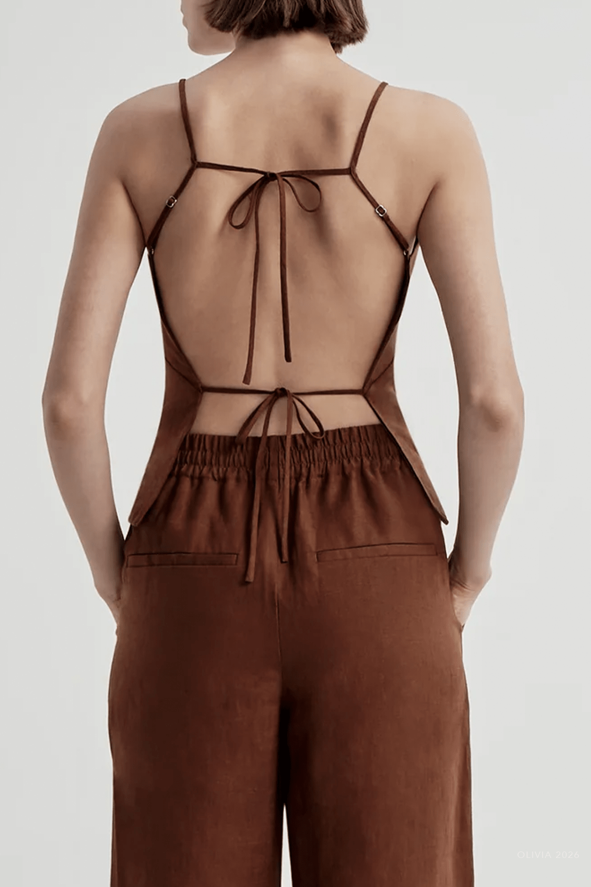 Reese Tie-Back Linen Top in Brunette - shop-olivia.com