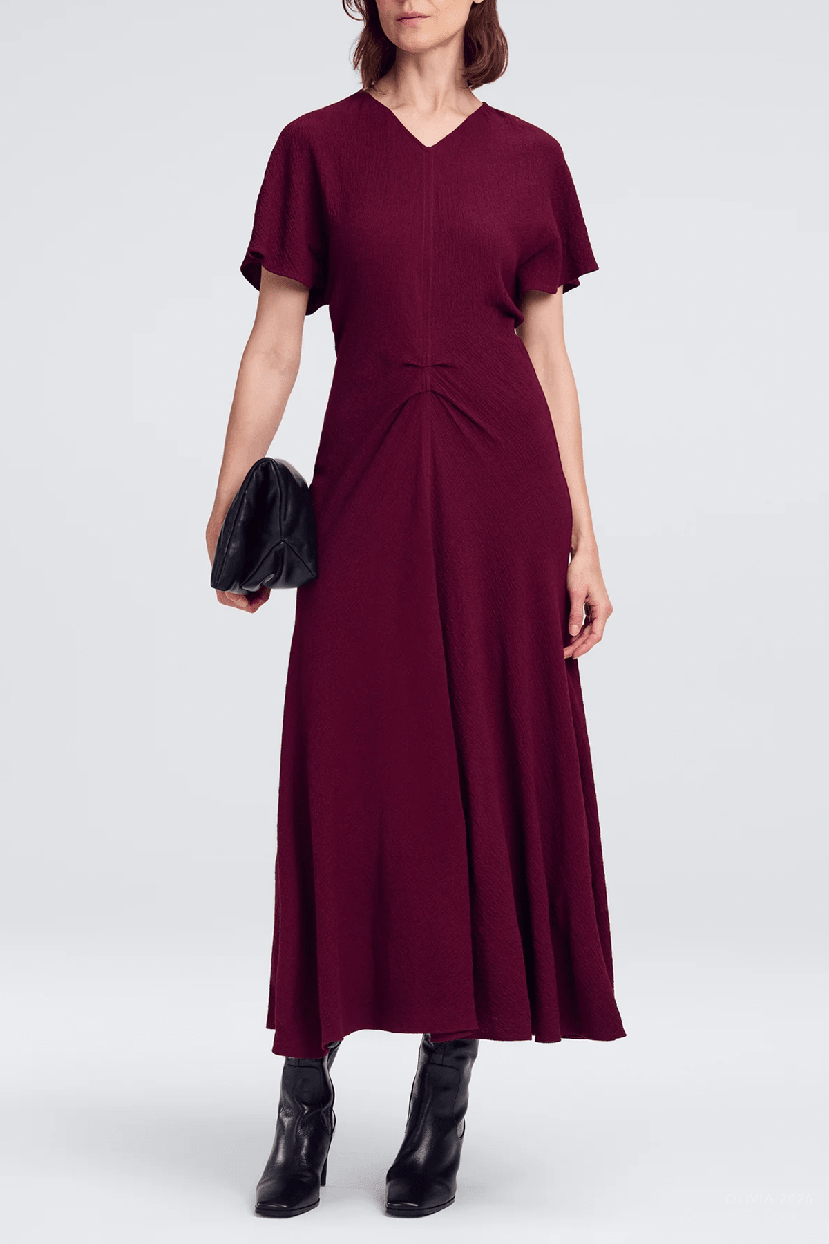 Rem Textured Crepe Ruched Midi Dress in Pinot Red - shop-olivia.com