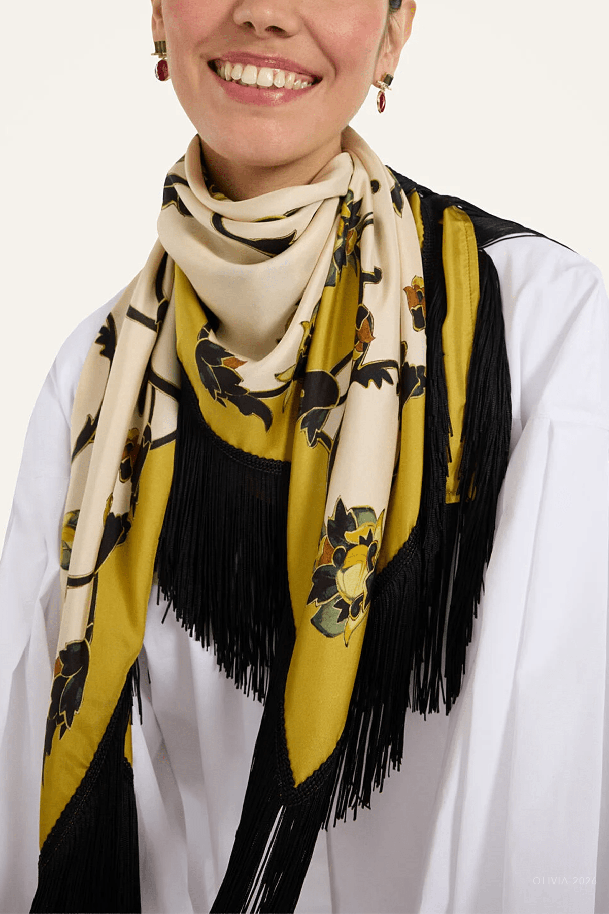 Reversible Fringe Foulard 90 in Buttercup Placée White - shop-olivia.com