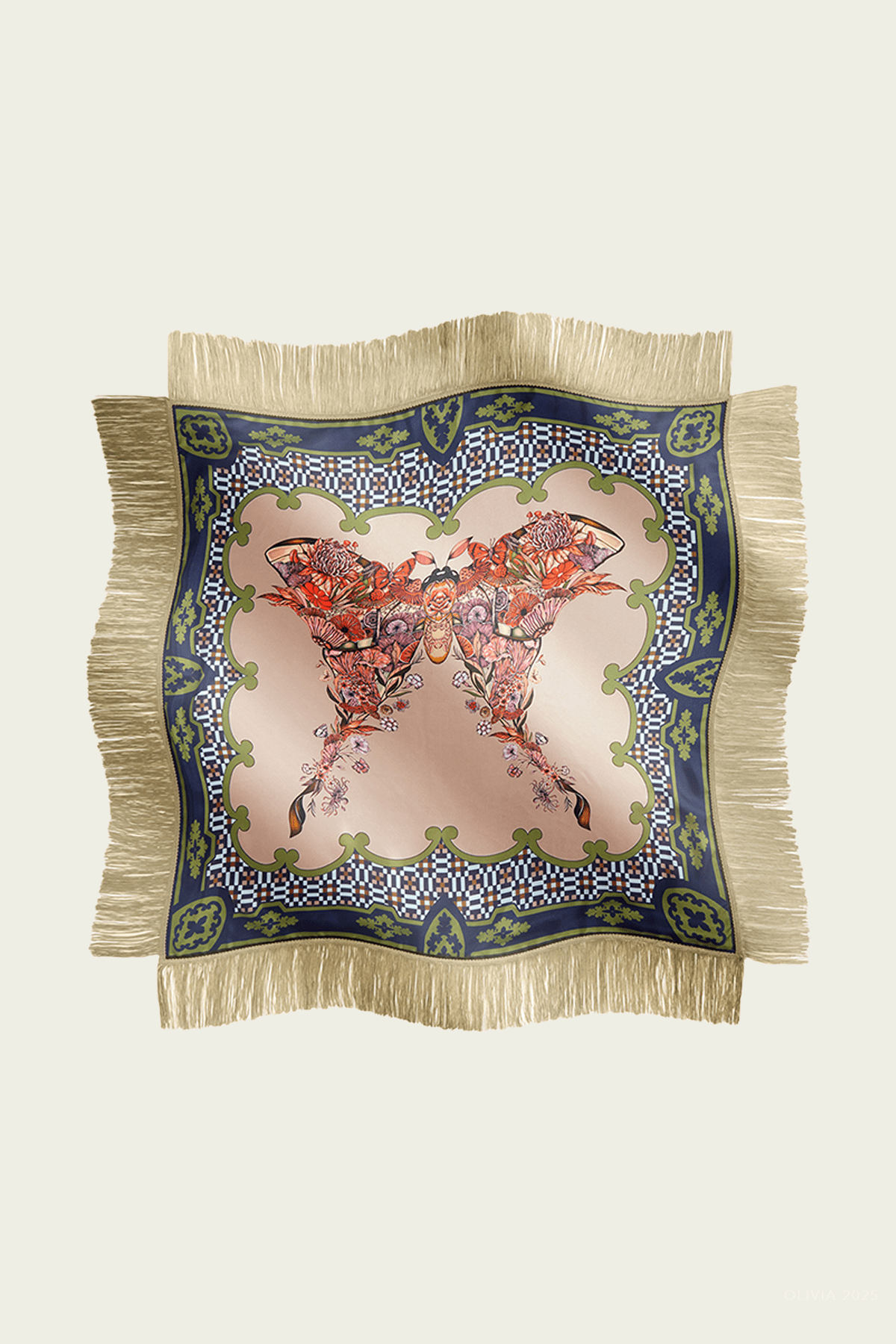 Reversible Fringe Foulard 90 in Mariposa Placée Celeste - shop - olivia.com