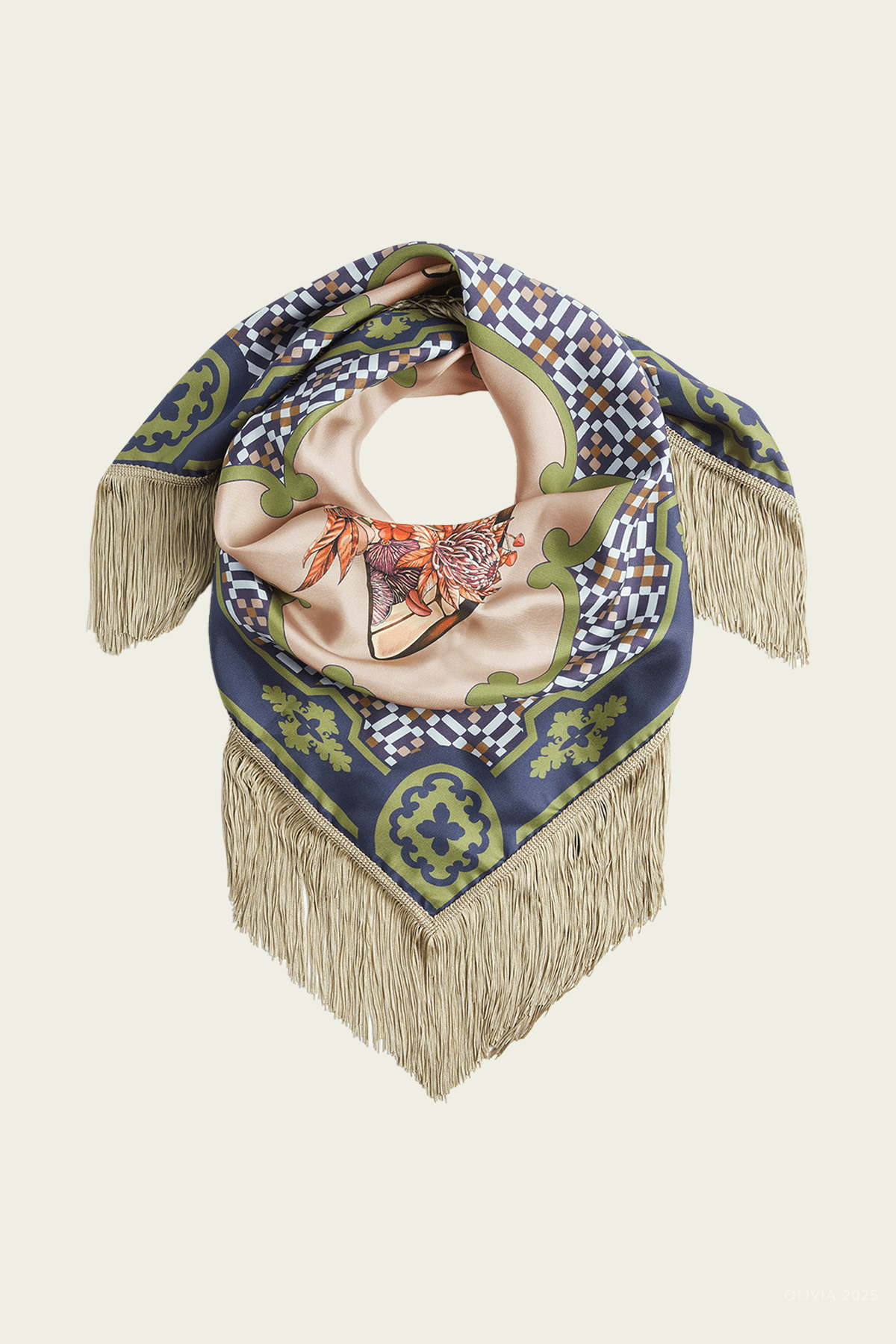 Reversible Fringe Foulard 90 in Mariposa Placée Celeste - shop - olivia.com