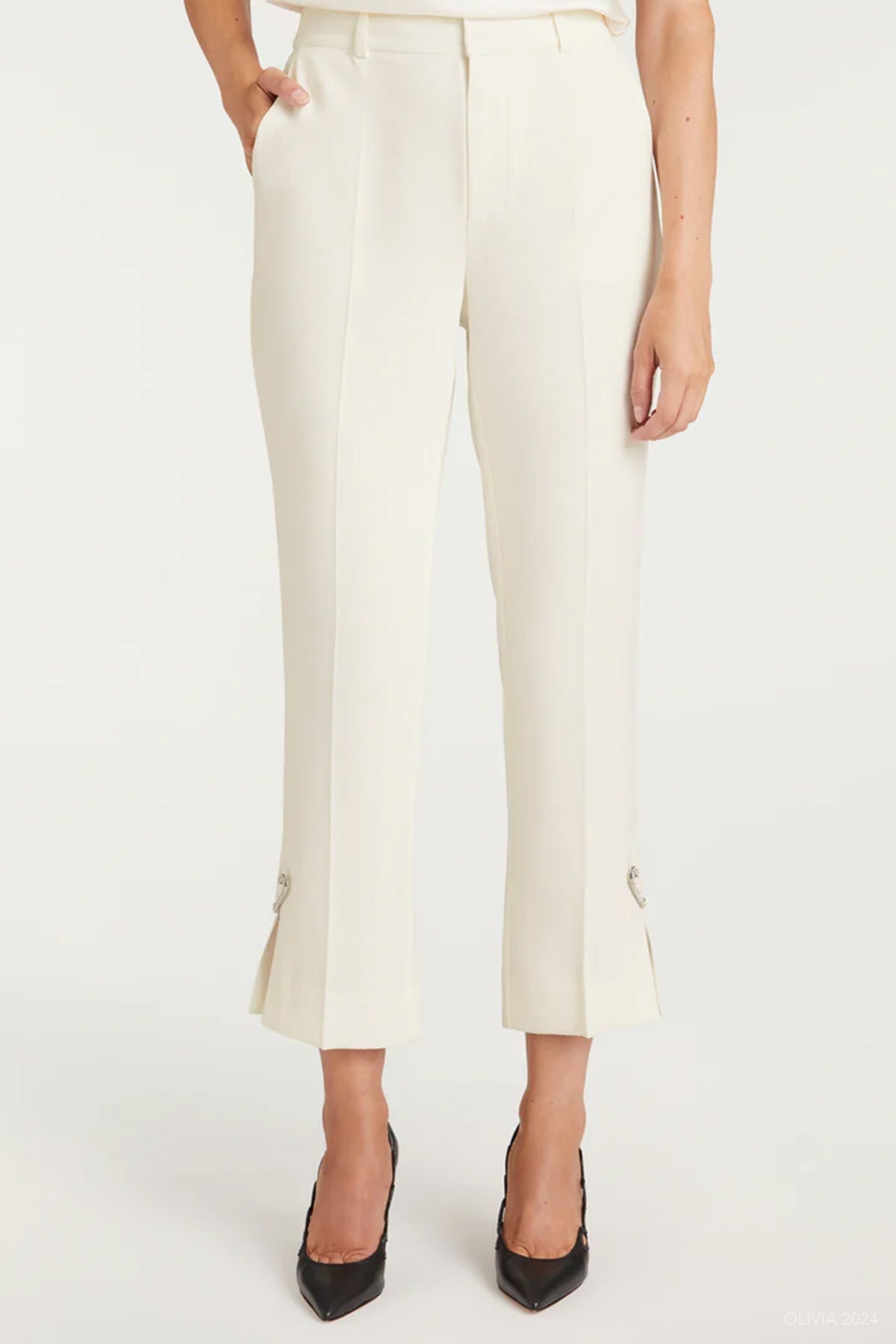 Rhinestone Pin Cropped Kerry Pant in Ivory - shop - olivia.com