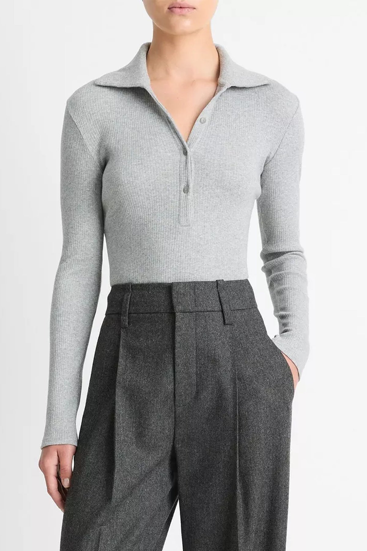 Ribbed Cotton Long - Sleeve Polo Shirt in Heather Mid Grey - shop - olivia.com